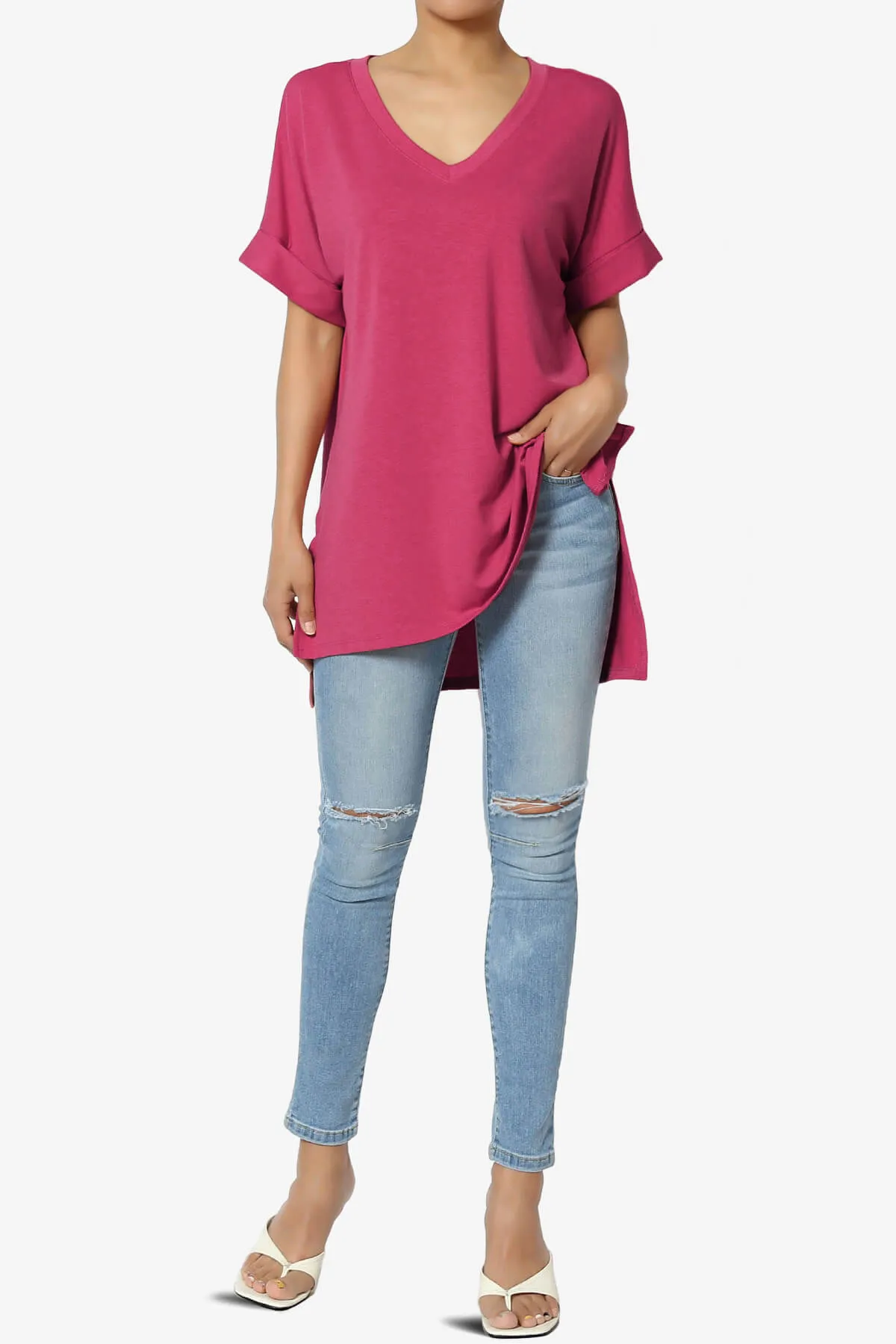 Onella V-Neck Rolled Short Sleeve Top MORE COLORS