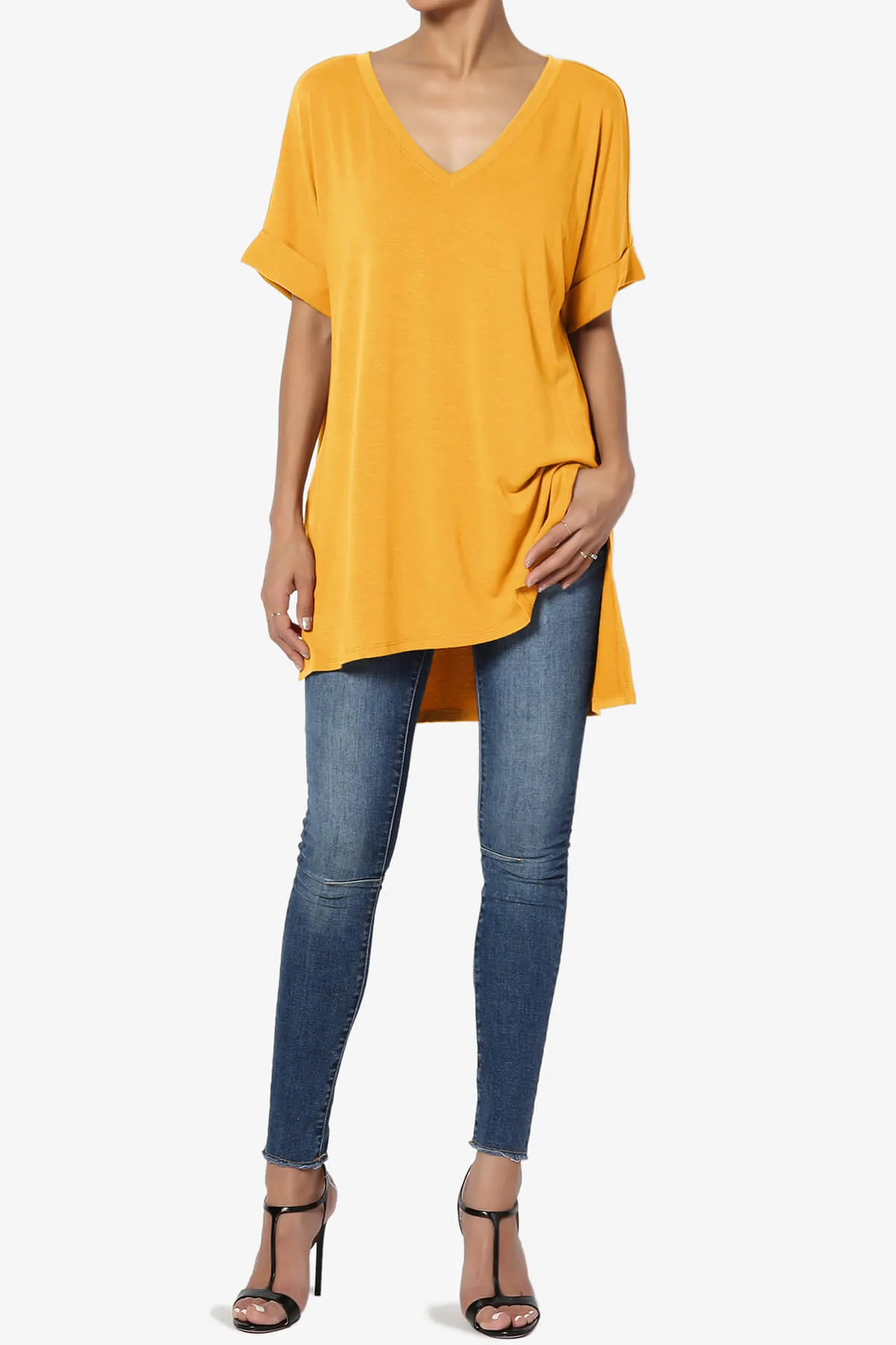 Onella V-Neck Rolled Short Sleeve Top MORE COLORS