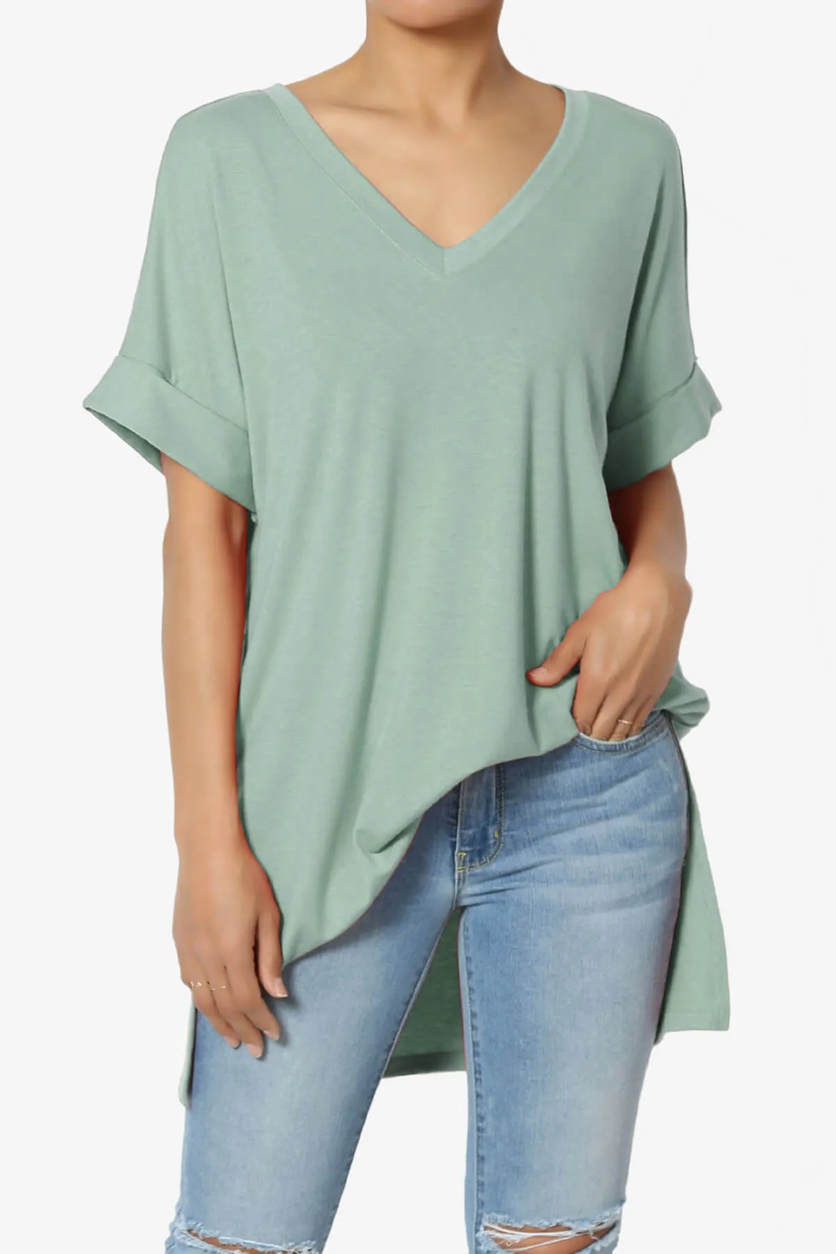 Onella V-Neck Rolled Short Sleeve Top MORE COLORS