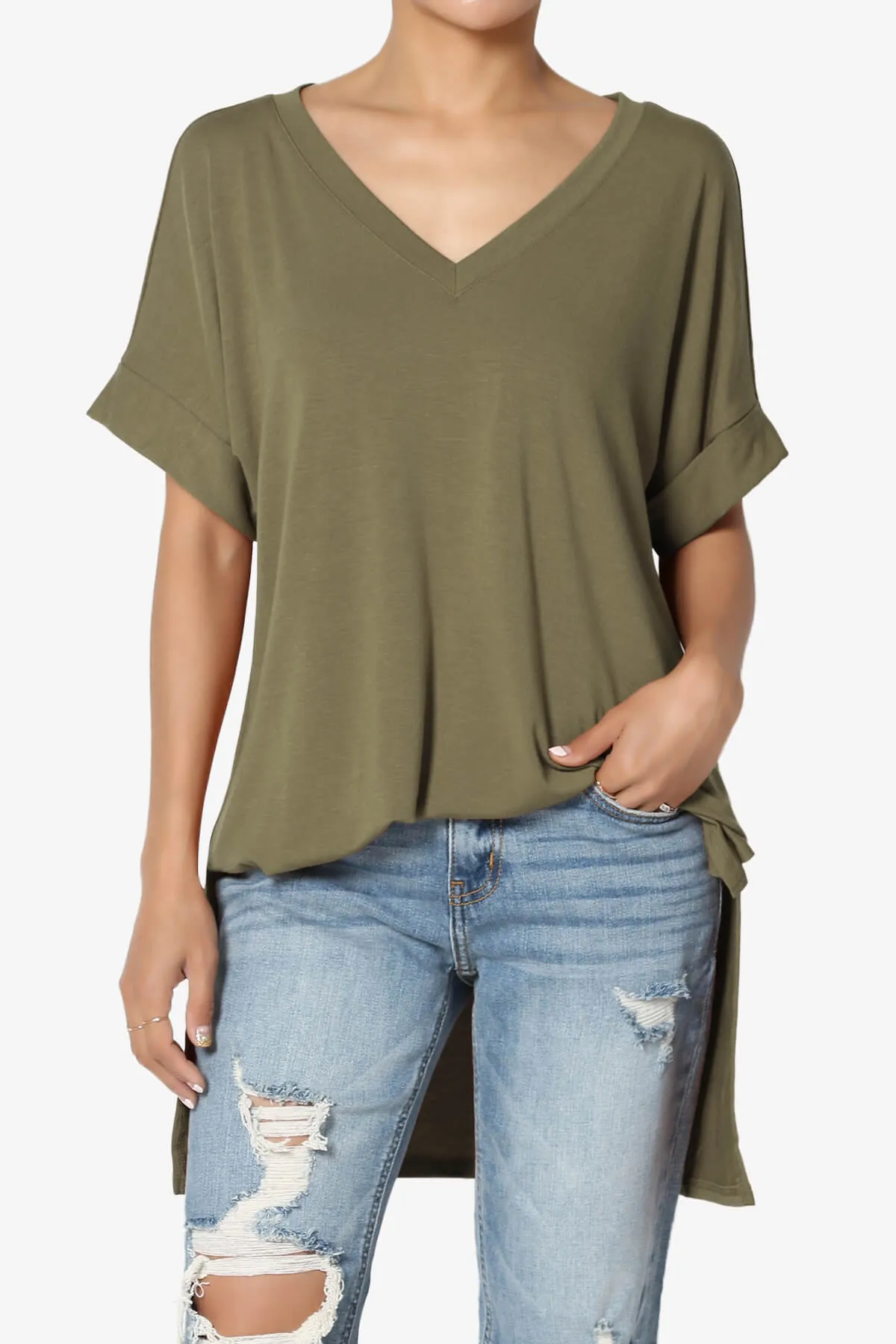 Onella V-Neck Rolled Short Sleeve Top MORE COLORS