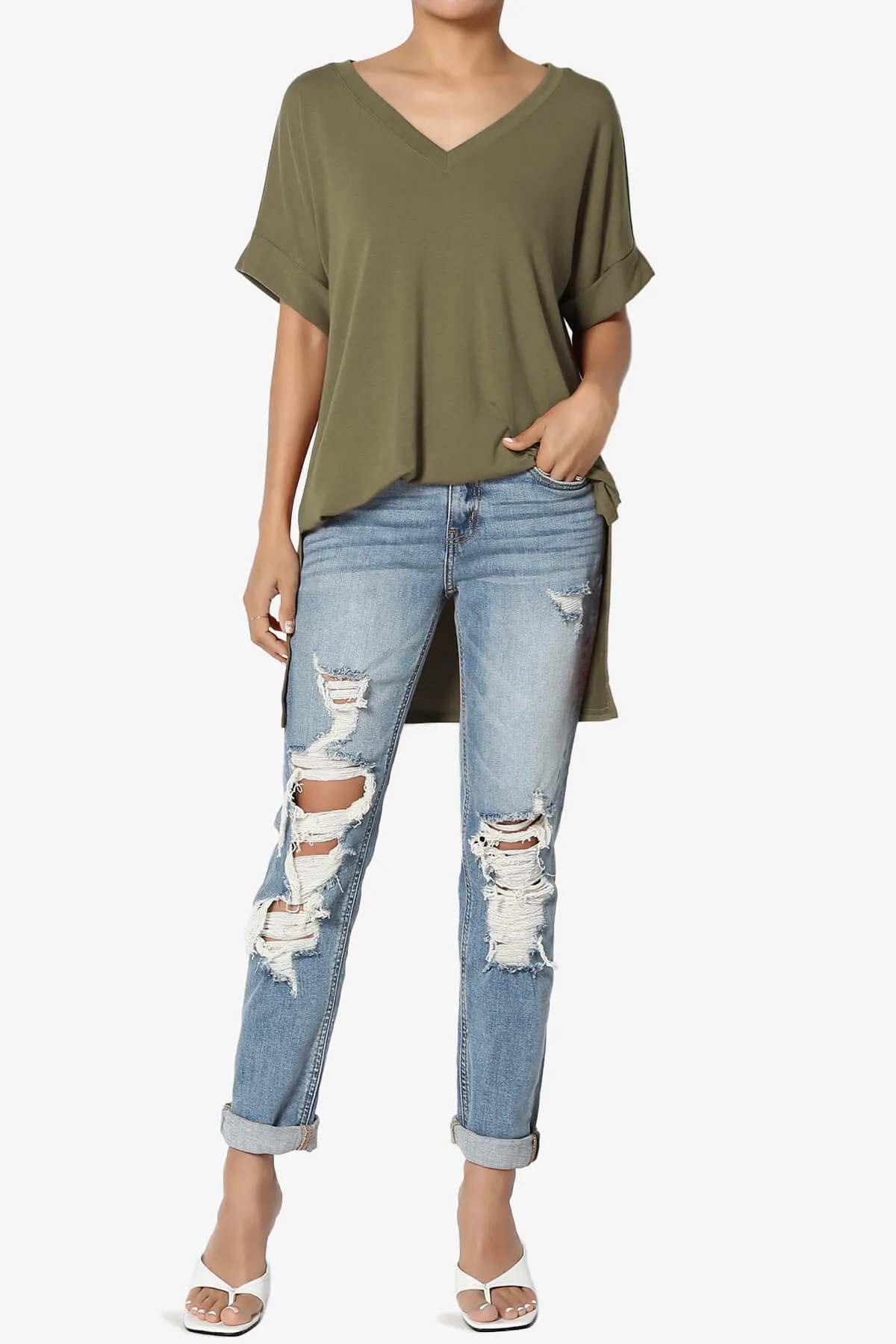 Onella V-Neck Rolled Short Sleeve Top MORE COLORS