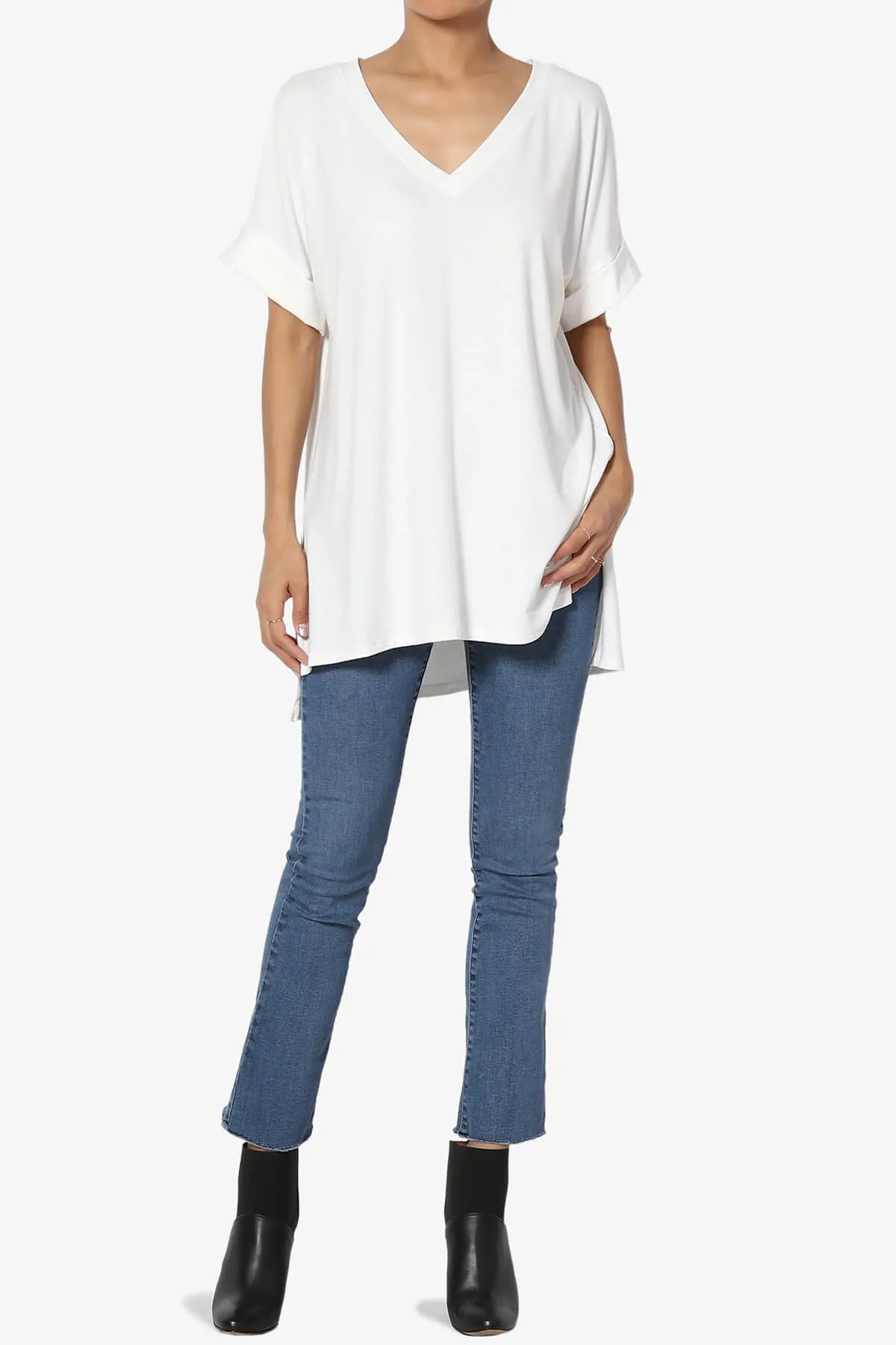 Onella V-Neck Rolled Short Sleeve Top MORE COLORS