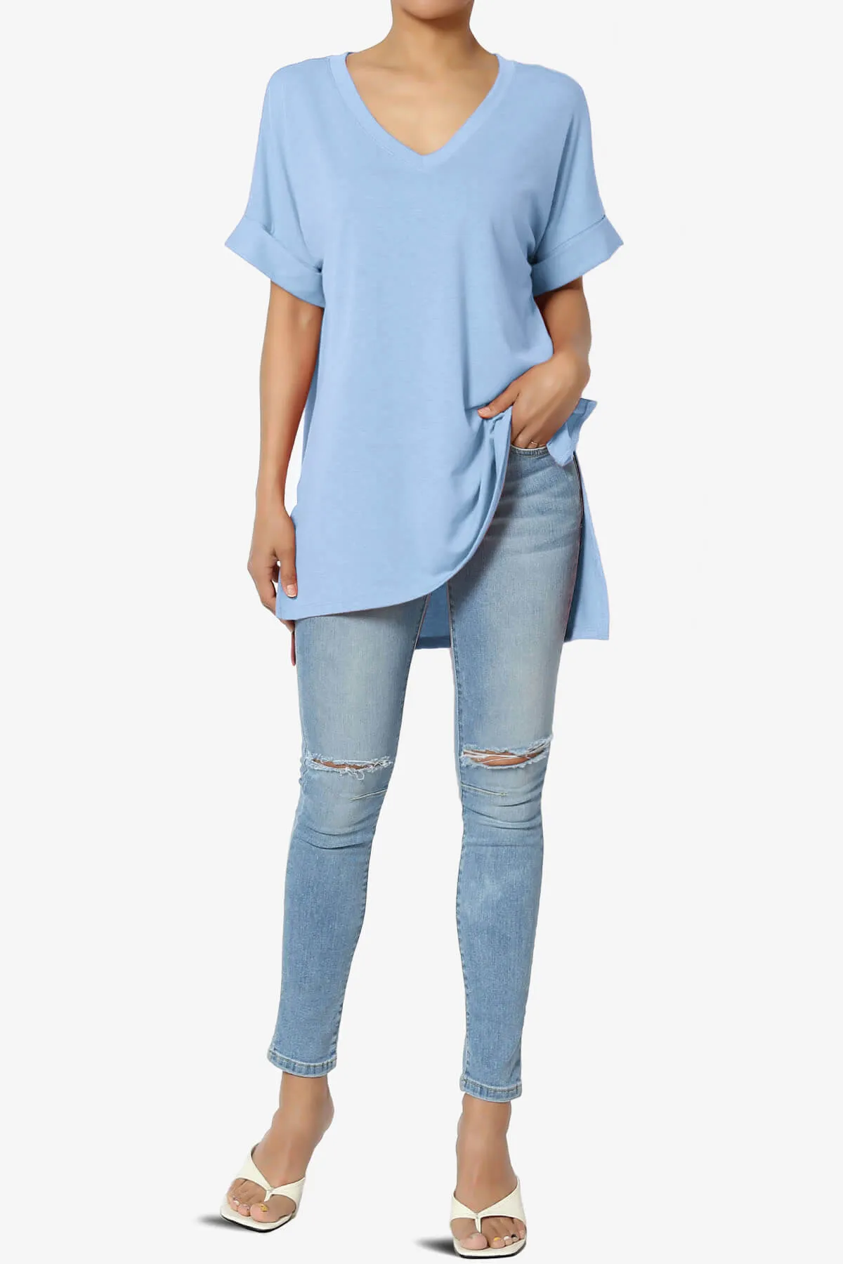 Onella V-Neck Rolled Short Sleeve Top MORE COLORS