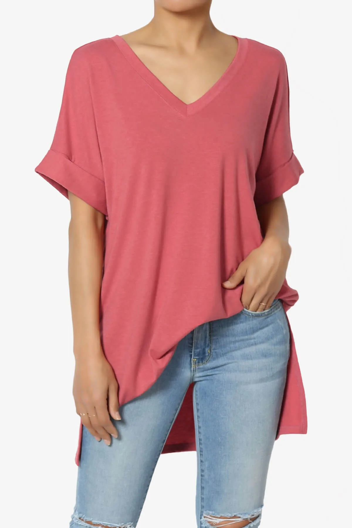 Onella V-Neck Rolled Short Sleeve Top MORE COLORS