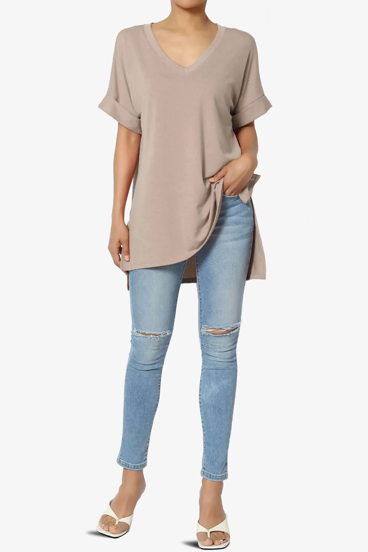 Onella V-Neck Rolled Short Sleeve Top MORE COLORS