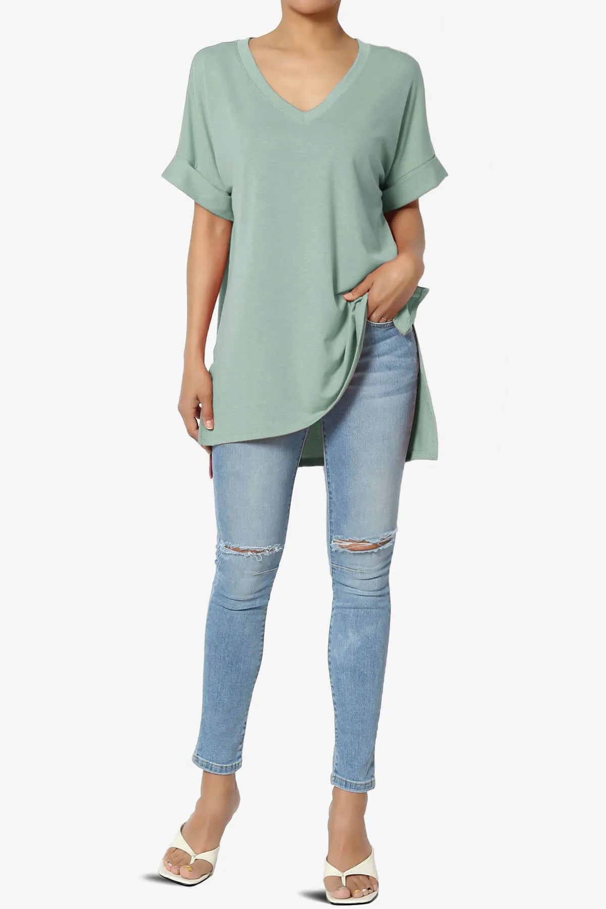 Onella V-Neck Rolled Short Sleeve Top MORE COLORS