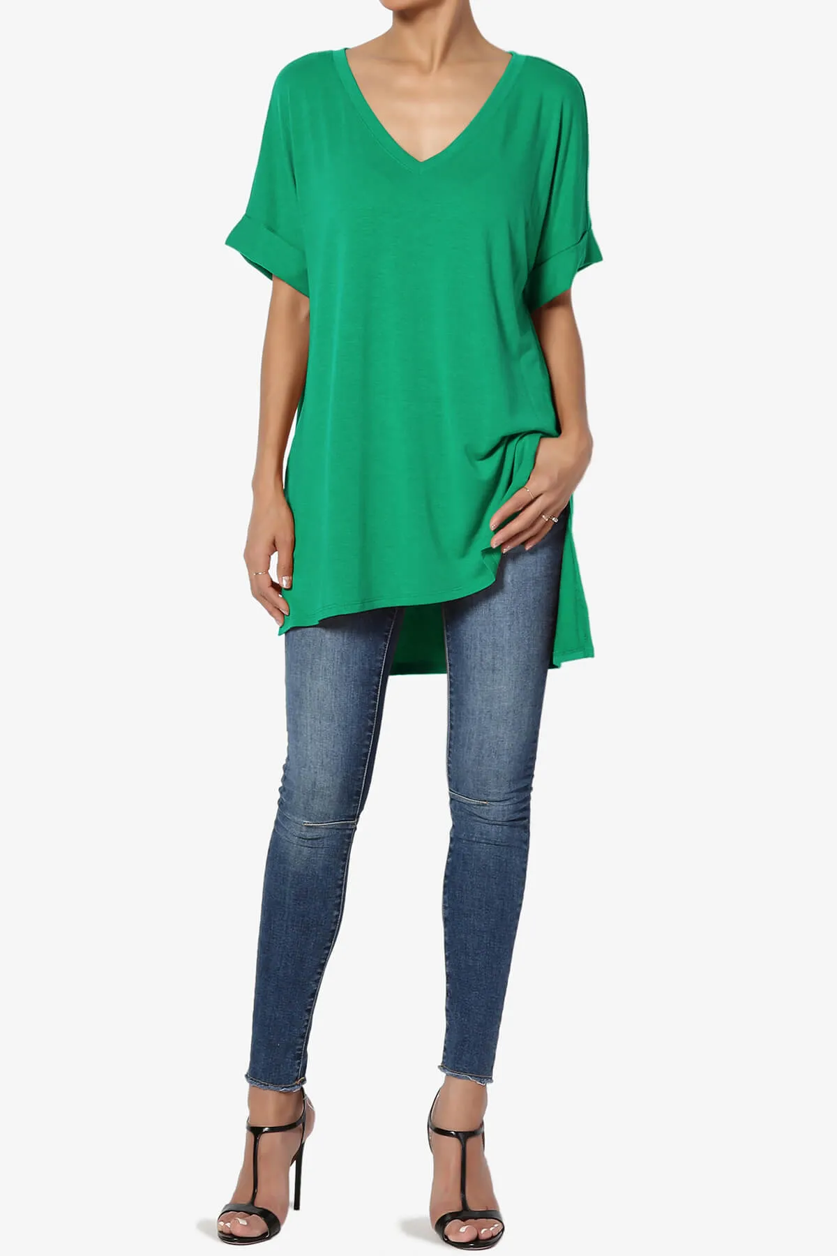 Onella V-Neck Rolled Short Sleeve Top MORE COLORS