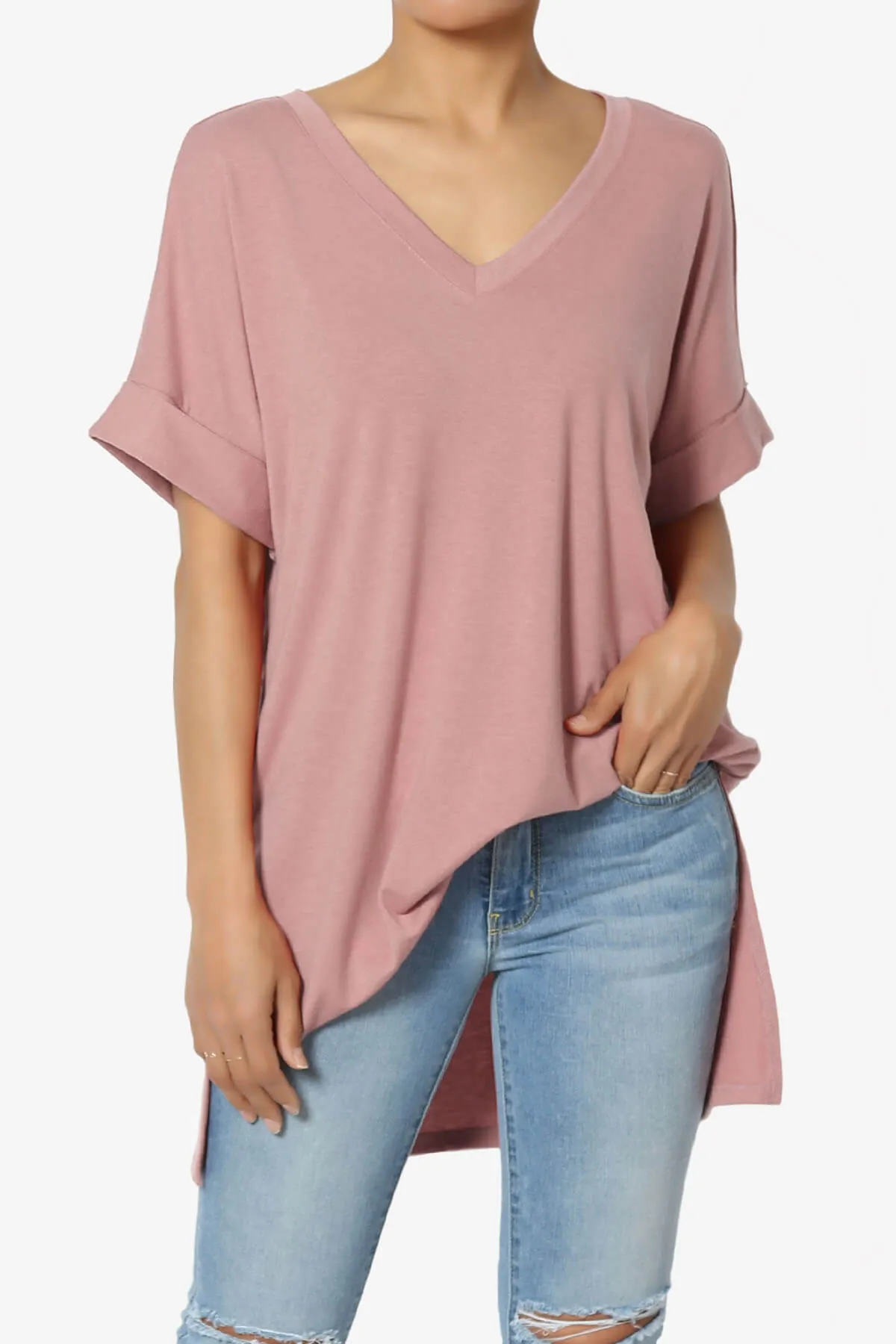Onella V-Neck Rolled Short Sleeve Top MORE COLORS