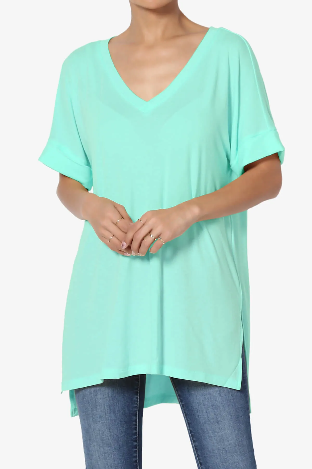Onella V-Neck Rolled Short Sleeve Top MORE COLORS