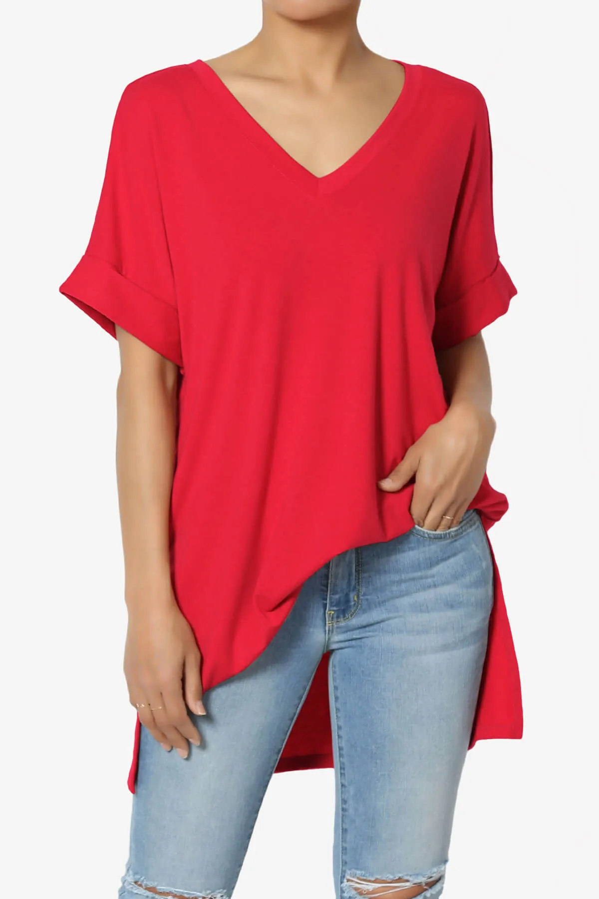 Onella V-Neck Rolled Short Sleeve Top MORE COLORS