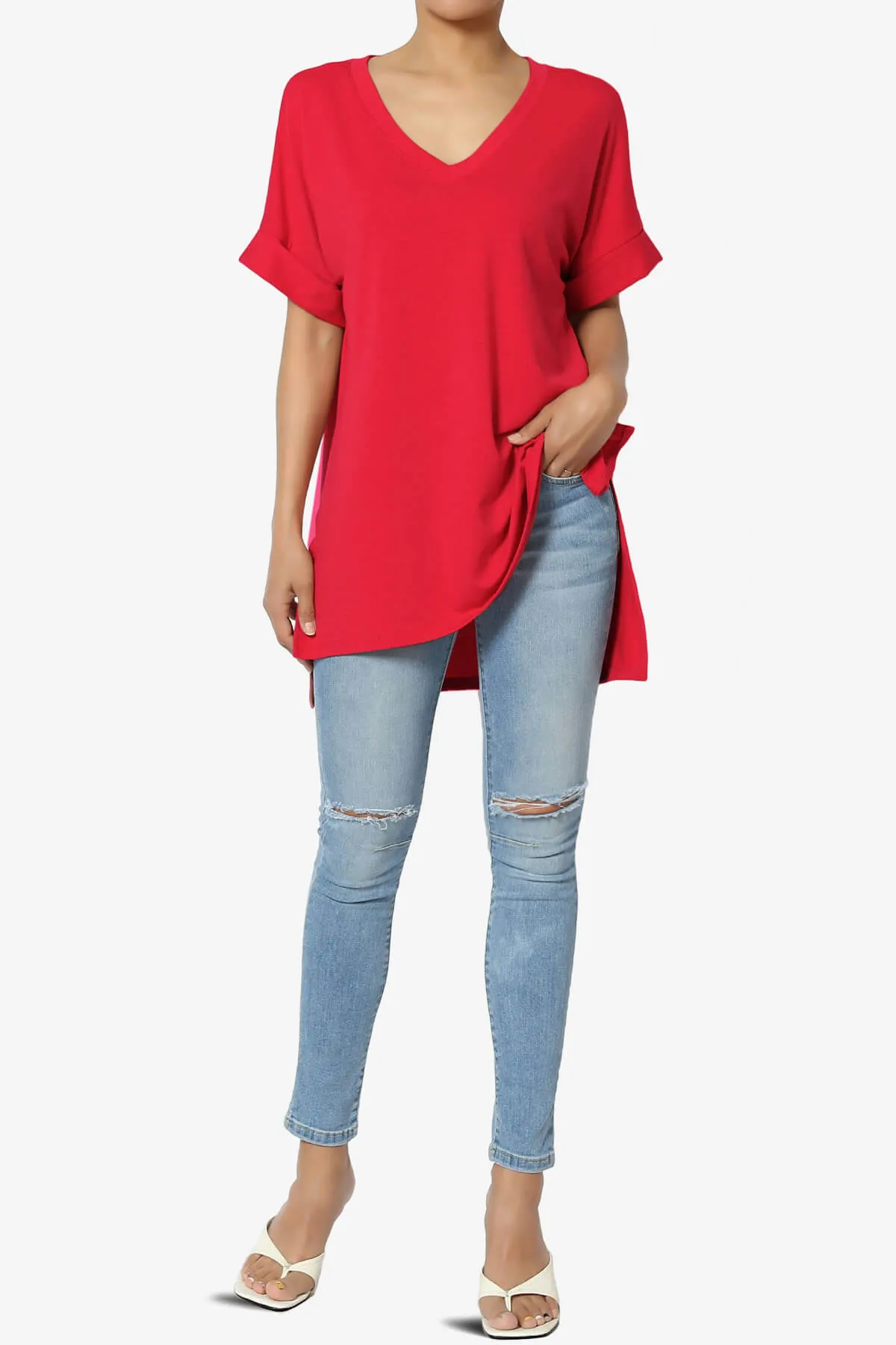 Onella V-Neck Rolled Short Sleeve Top MORE COLORS