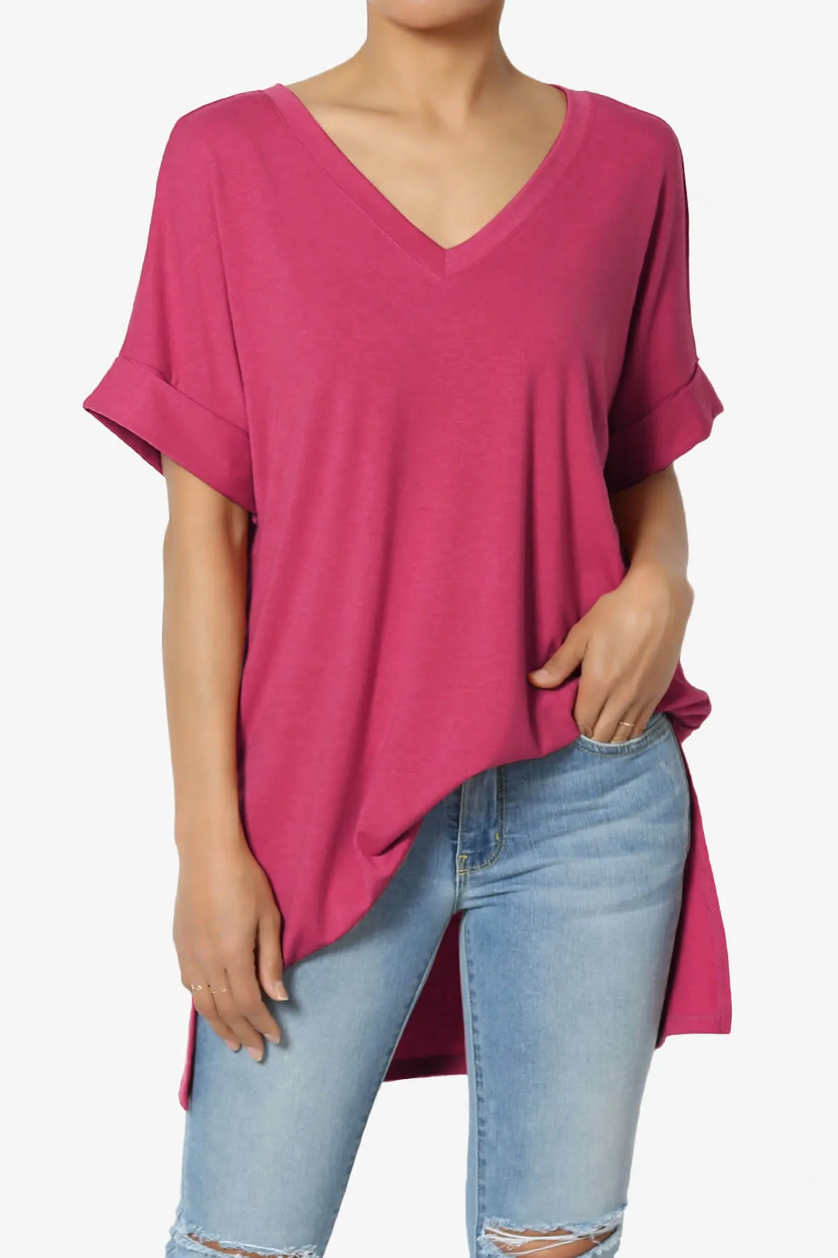 Onella V-Neck Rolled Short Sleeve Top MORE COLORS