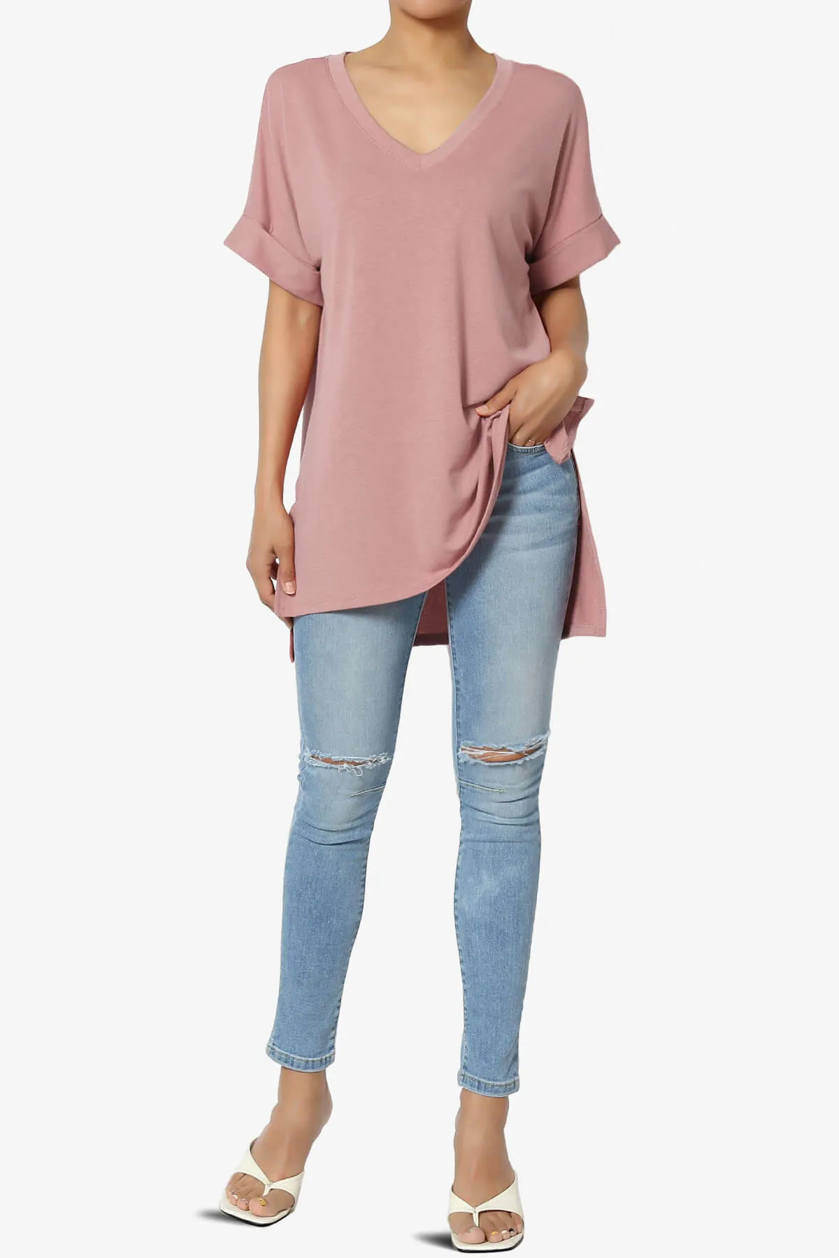 Onella V-Neck Rolled Short Sleeve Top MORE COLORS