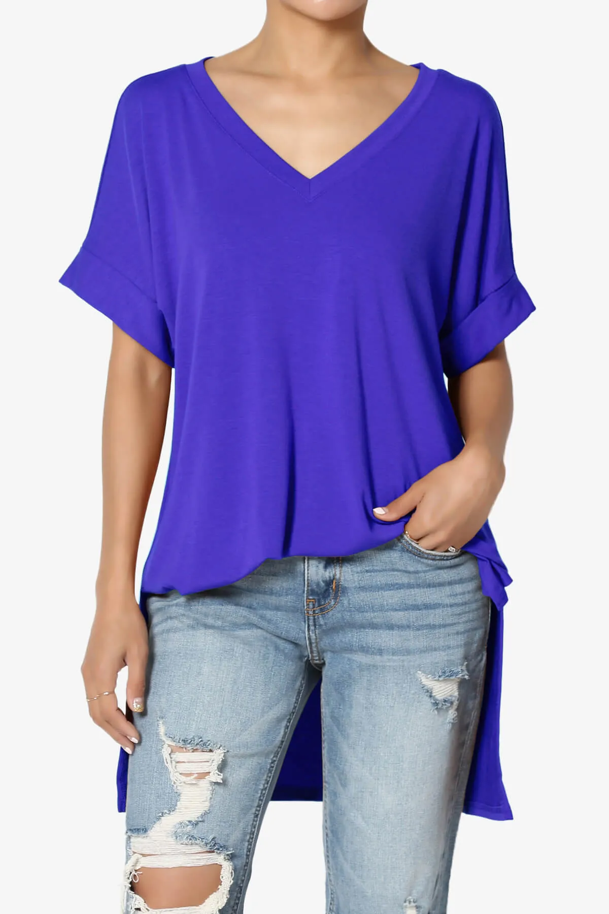 Onella V-Neck Rolled Short Sleeve Top