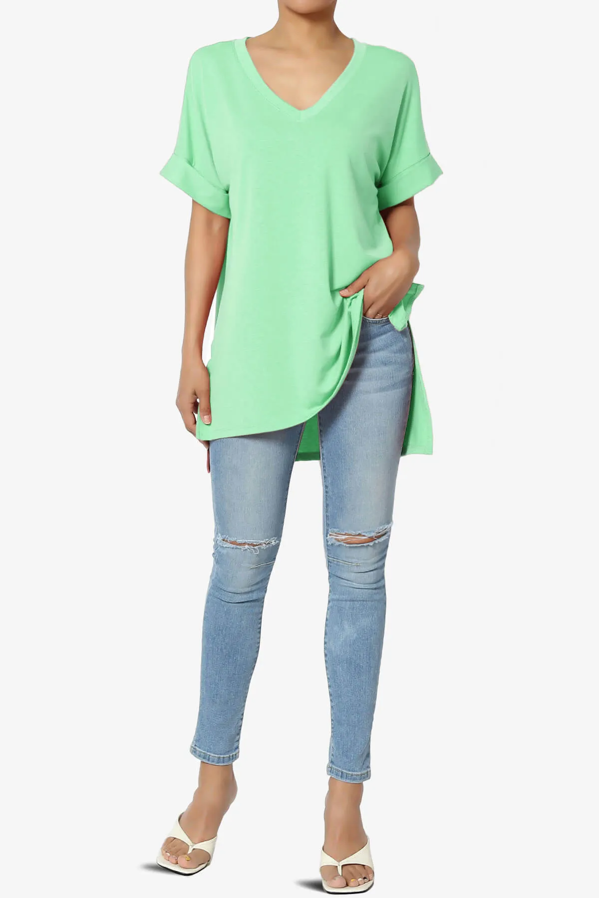 Onella V-Neck Rolled Short Sleeve Top