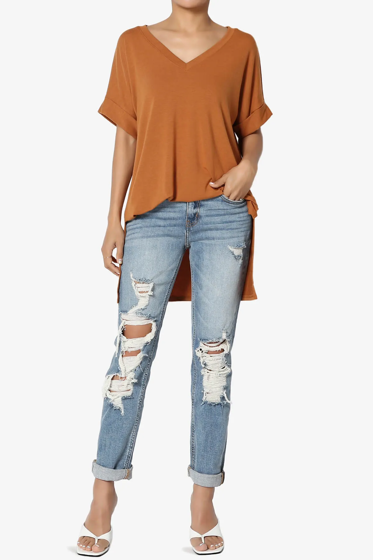 Onella V-Neck Rolled Short Sleeve Top