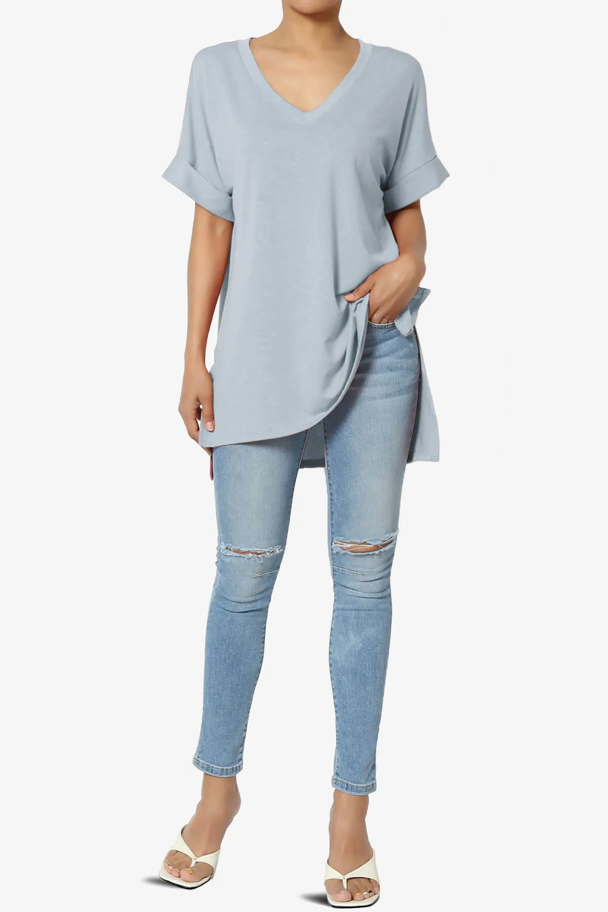Onella V-Neck Rolled Short Sleeve Top