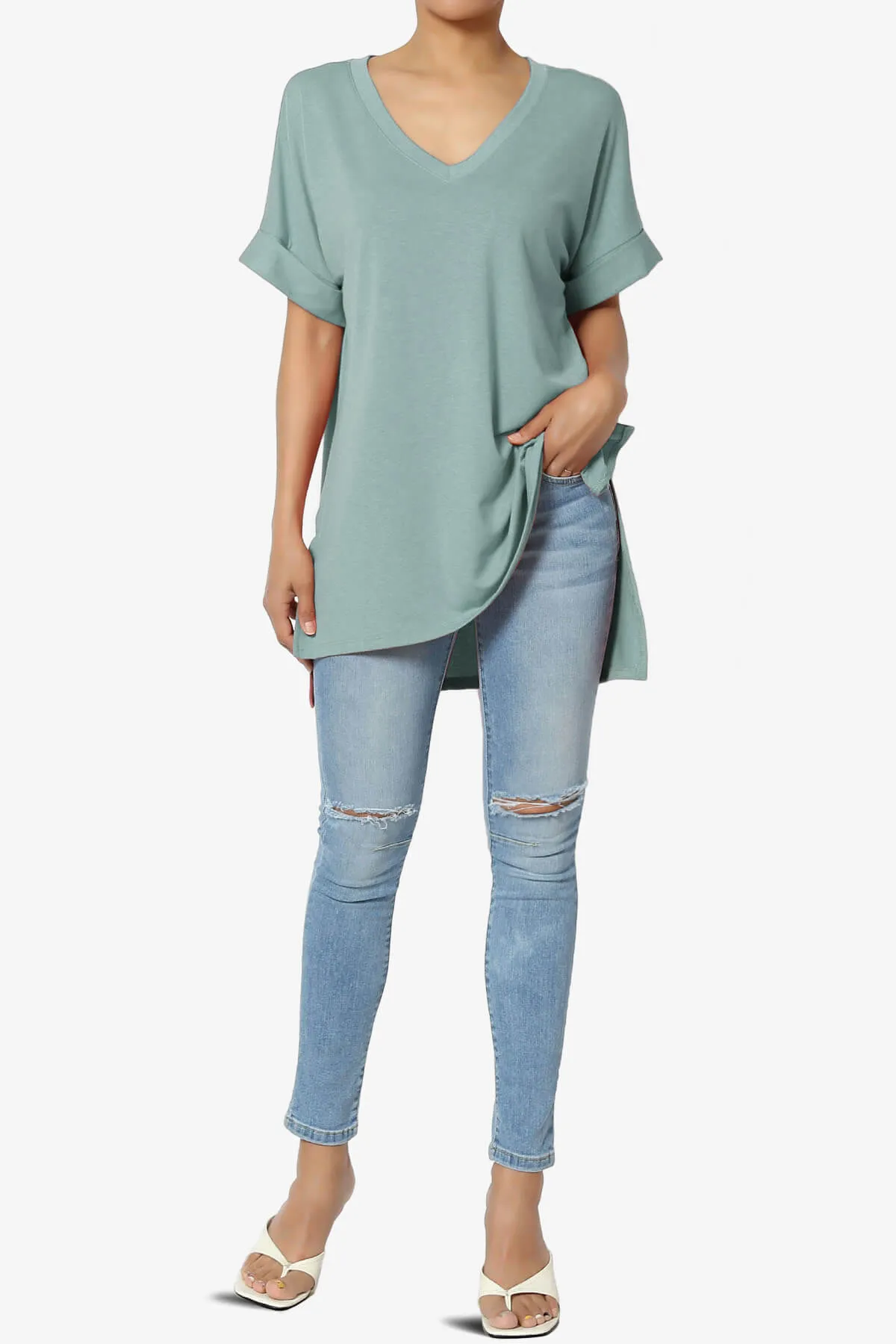 Onella V-Neck Rolled Short Sleeve Top