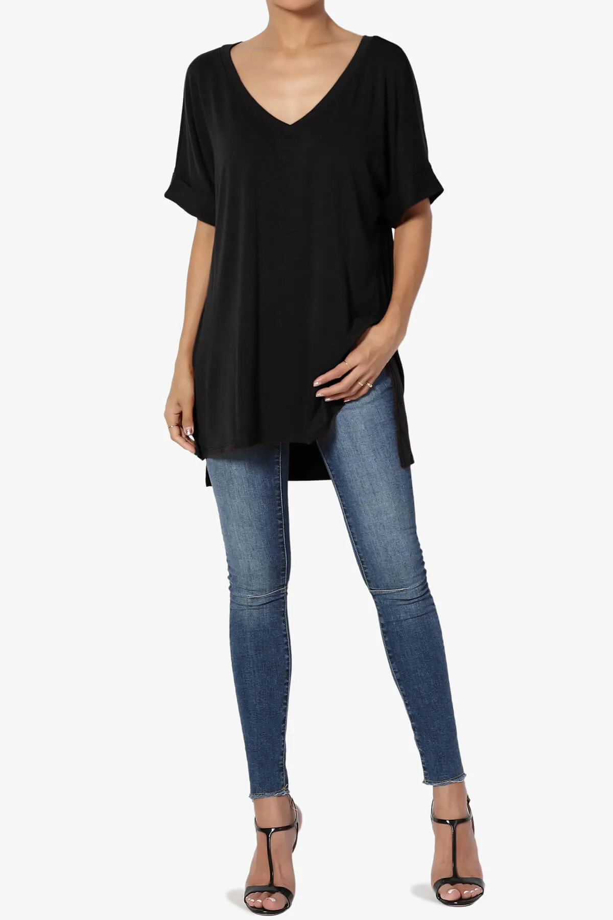 Onella V-Neck Rolled Short Sleeve Top