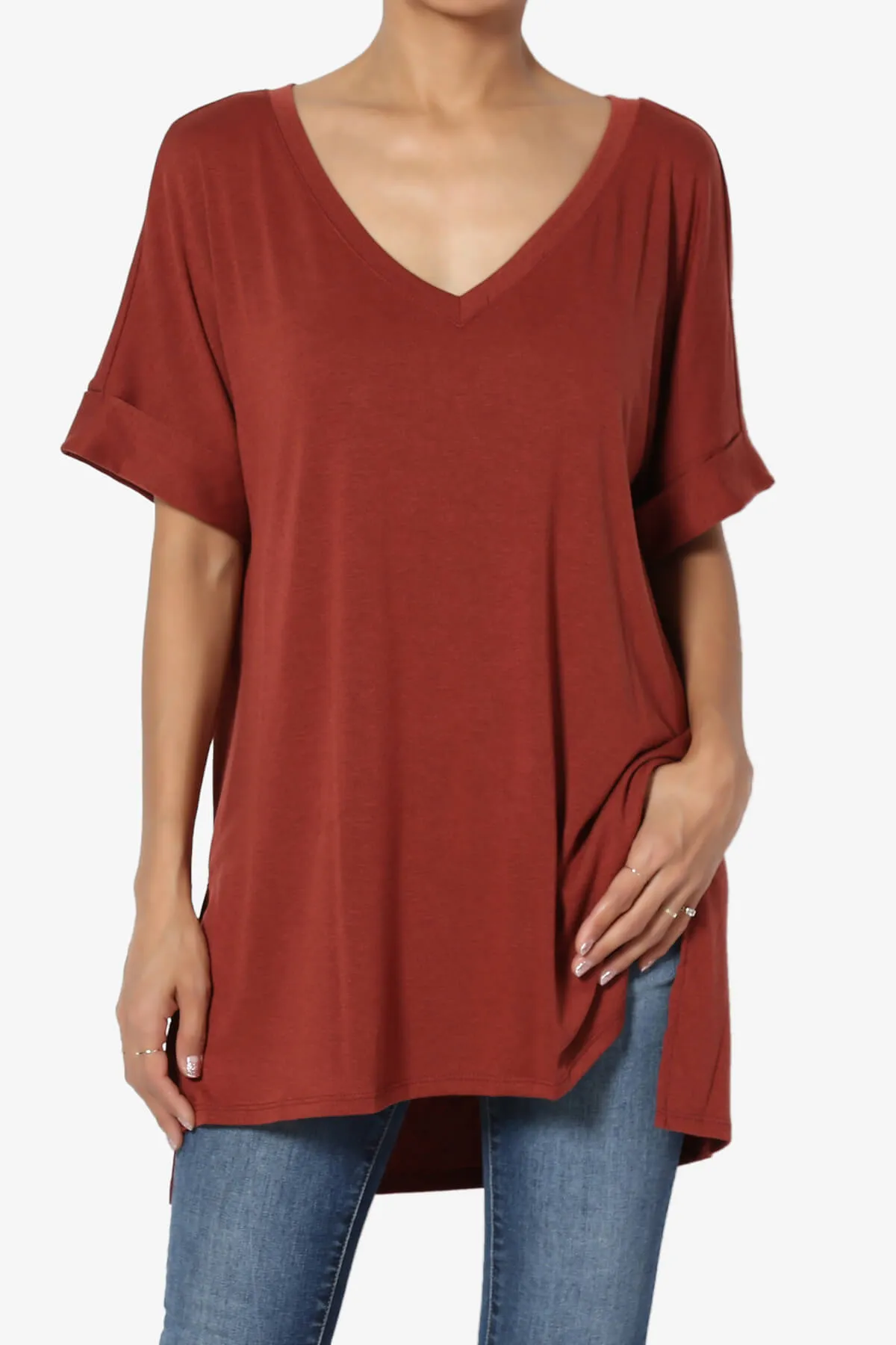 Onella V-Neck Rolled Short Sleeve Top