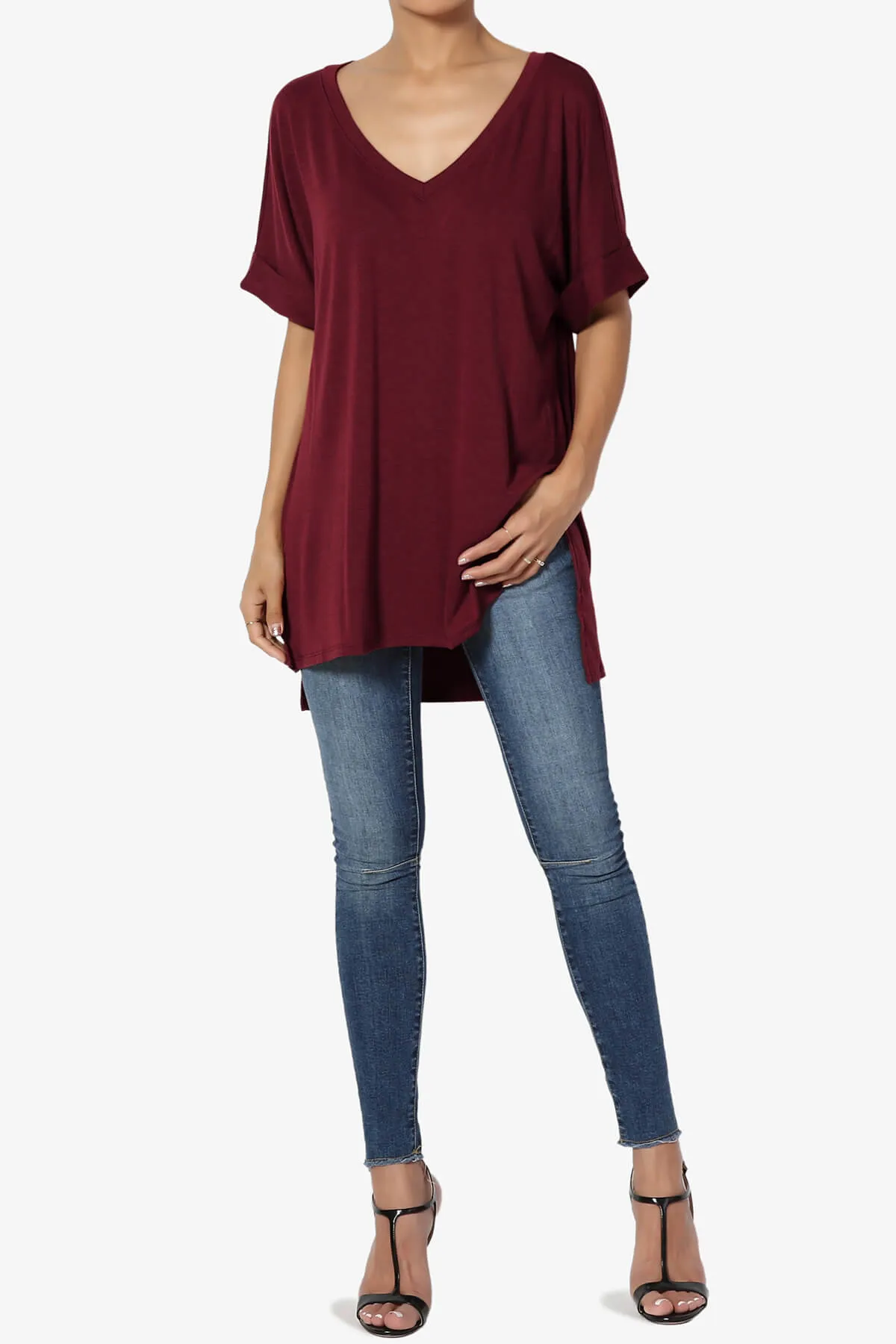 Onella V-Neck Rolled Short Sleeve Top