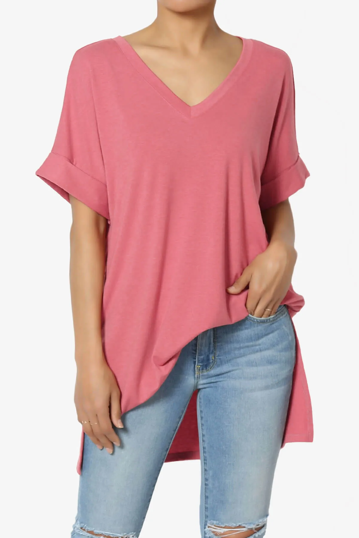 Onella V-Neck Rolled Short Sleeve Top