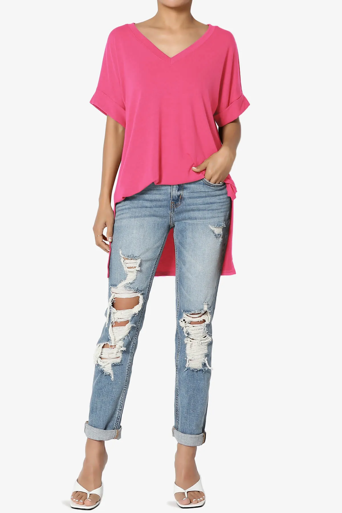 Onella V-Neck Rolled Short Sleeve Top