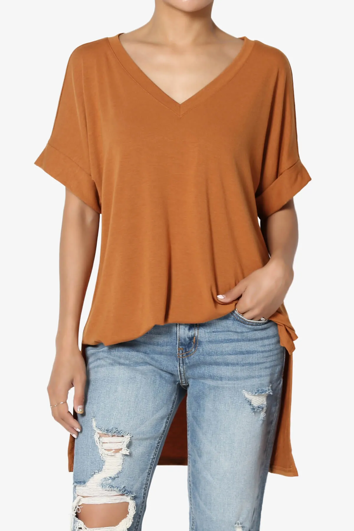 Onella V-Neck Rolled Short Sleeve Top