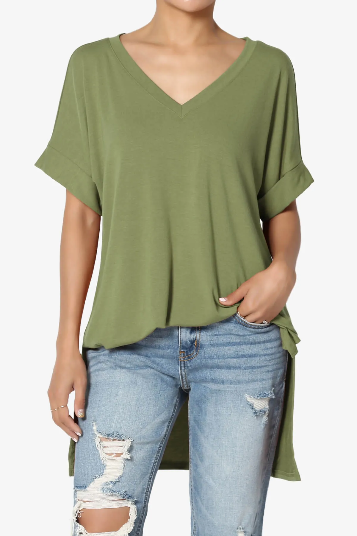 Onella V-Neck Rolled Short Sleeve Top