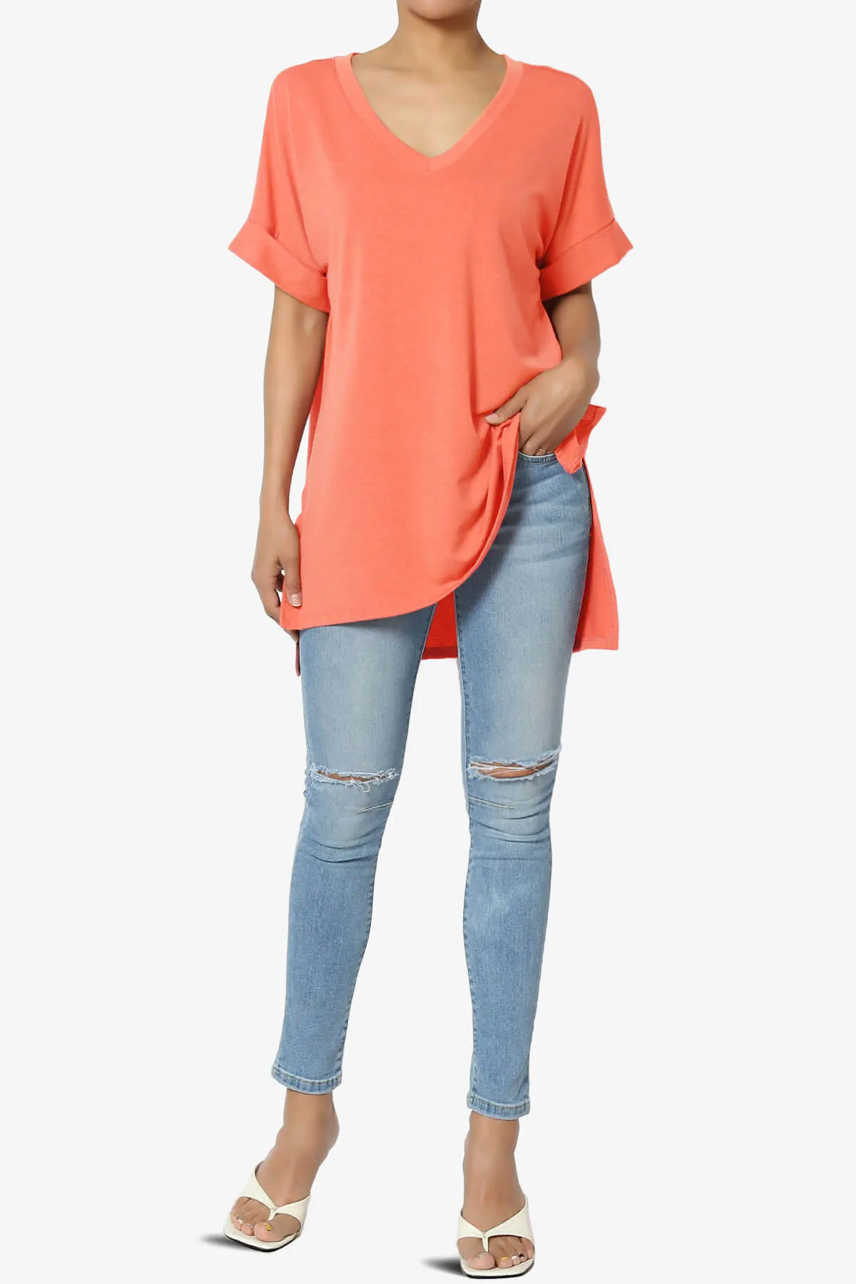 Onella V-Neck Rolled Short Sleeve Top
