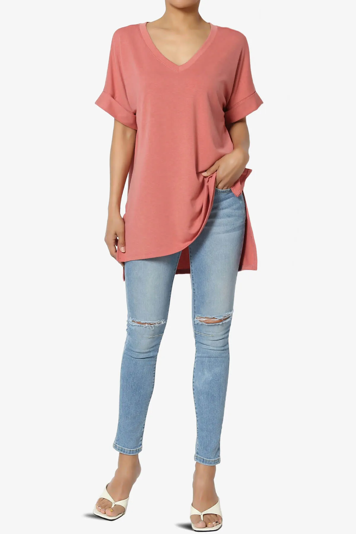 Onella V-Neck Rolled Short Sleeve Top