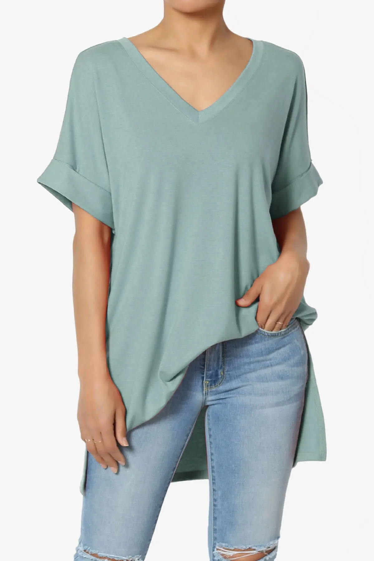 Onella V-Neck Rolled Short Sleeve Top