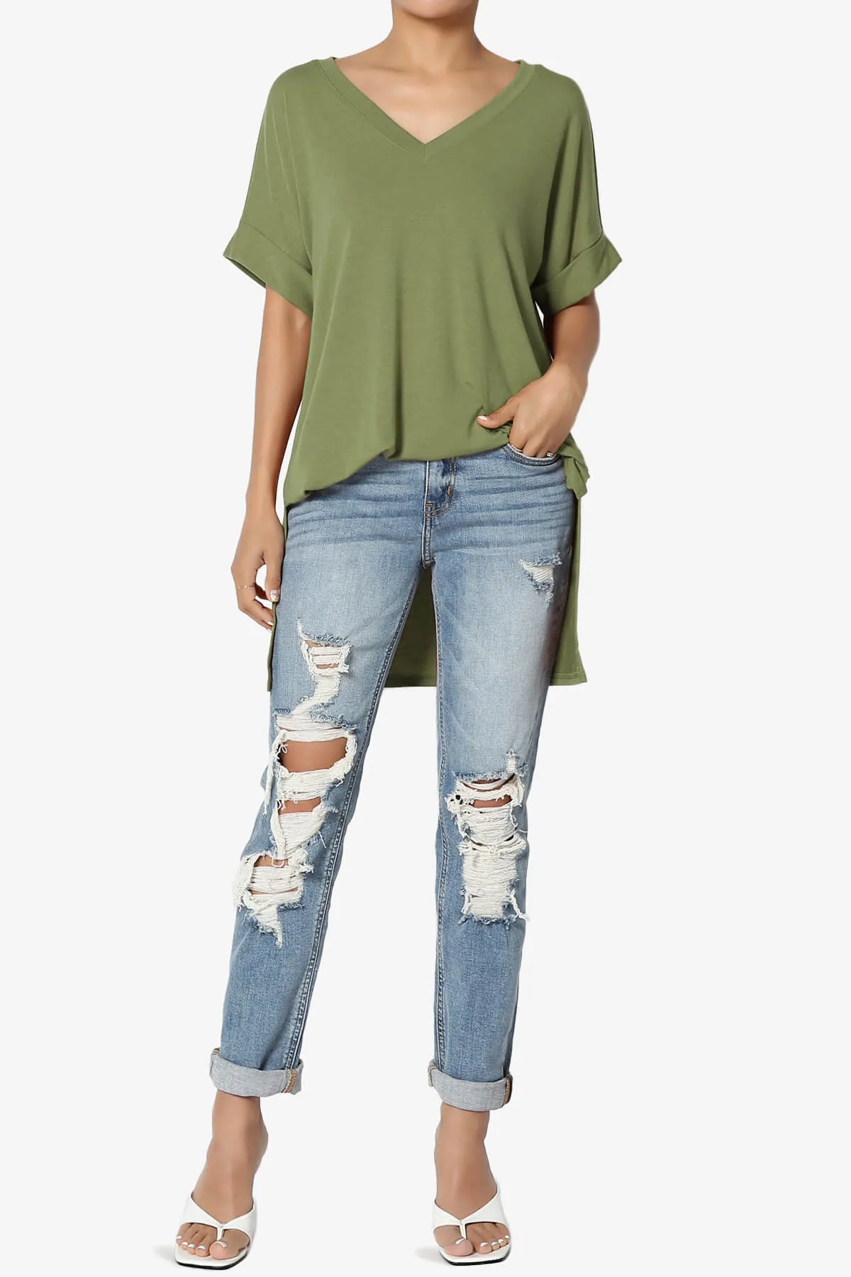 Onella V-Neck Rolled Short Sleeve Top
