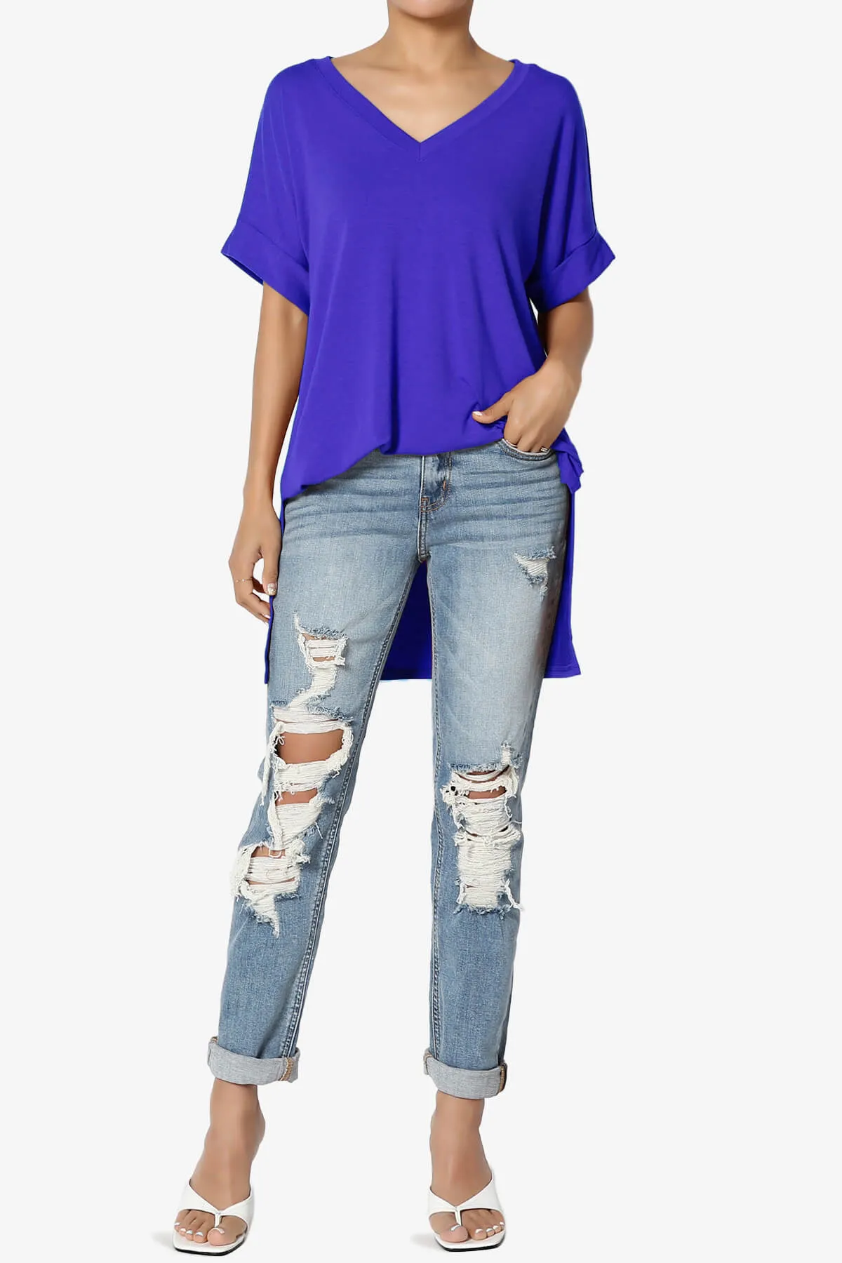 Onella V-Neck Rolled Short Sleeve Top