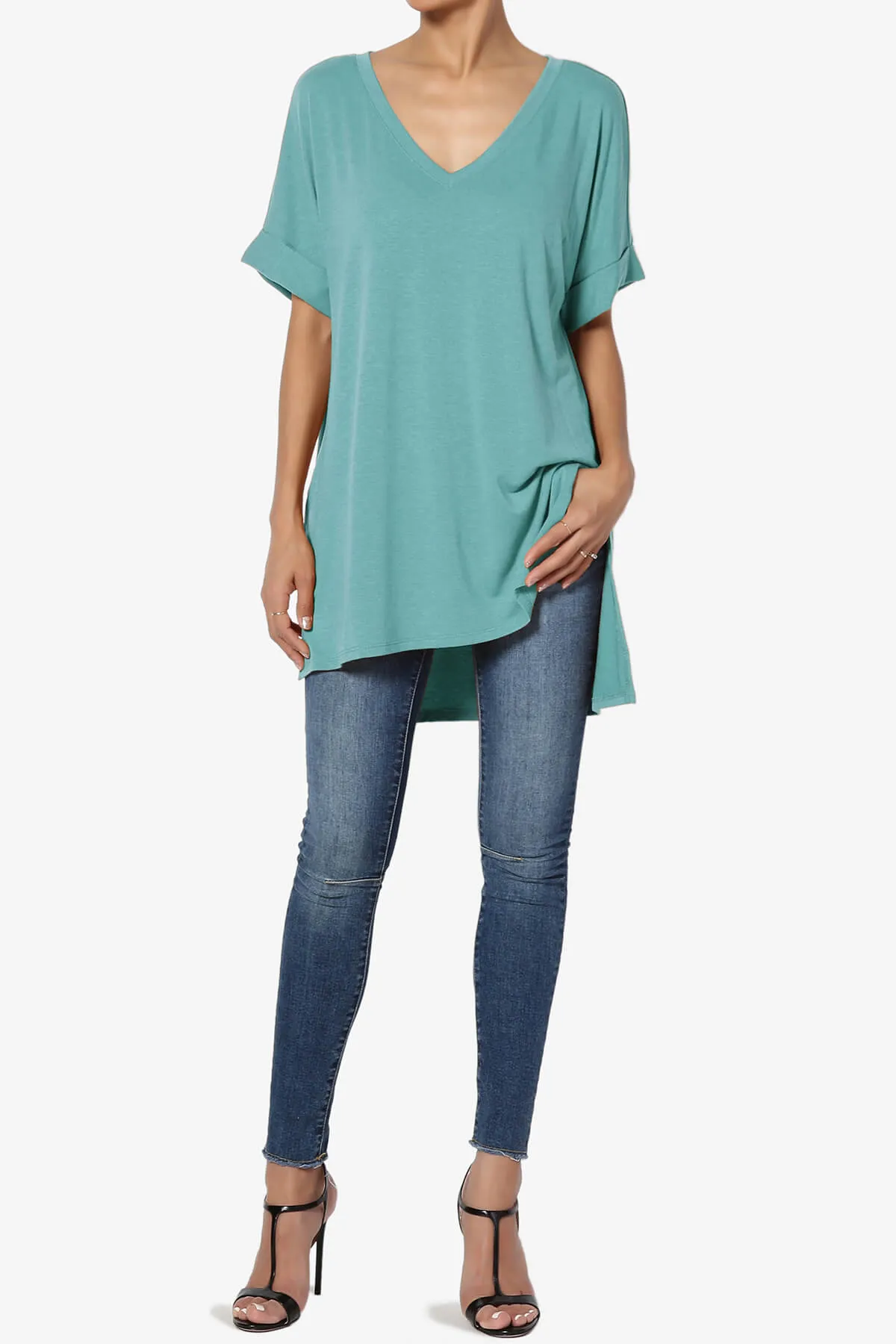 Onella V-Neck Rolled Short Sleeve Top
