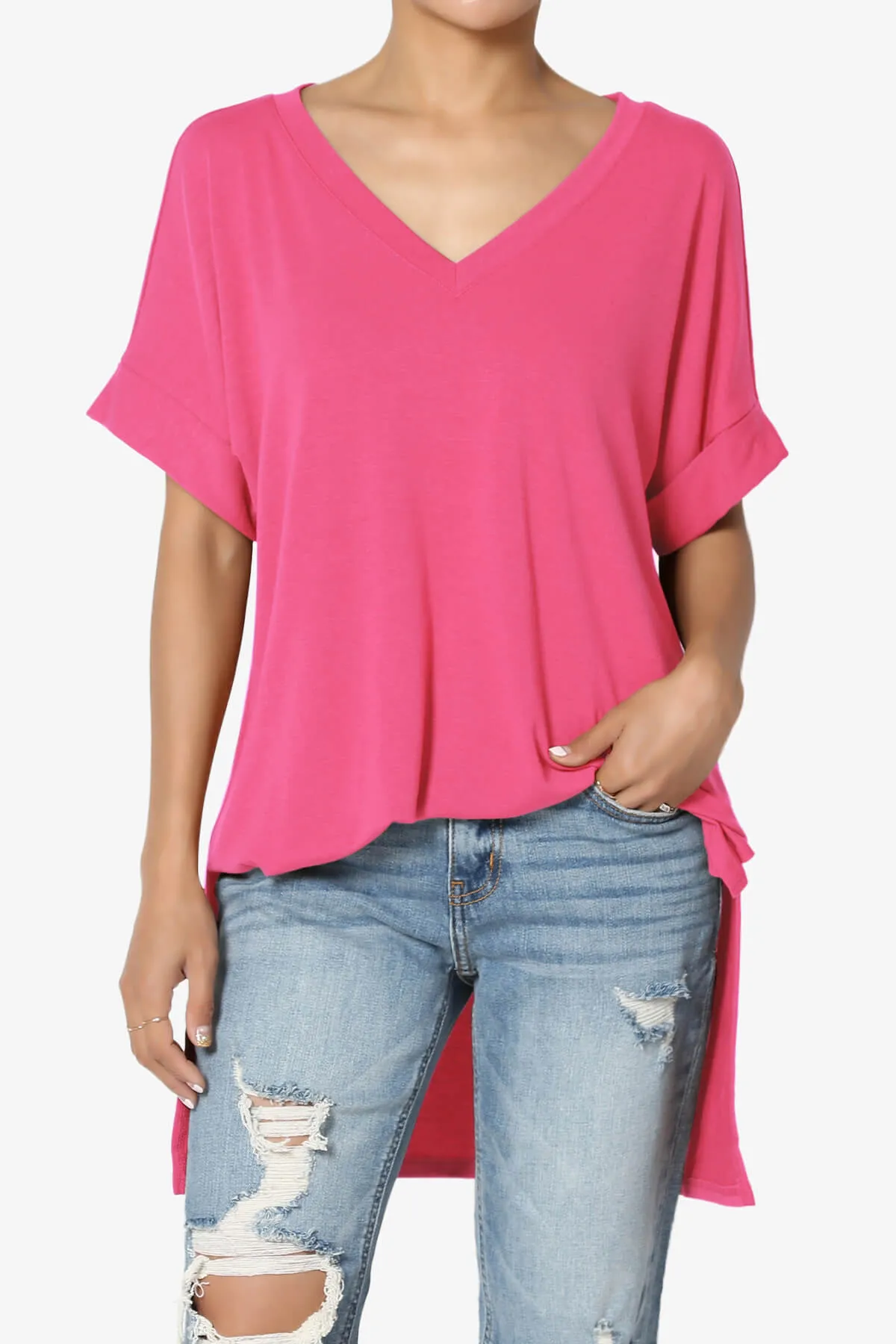 Onella V-Neck Rolled Short Sleeve Top