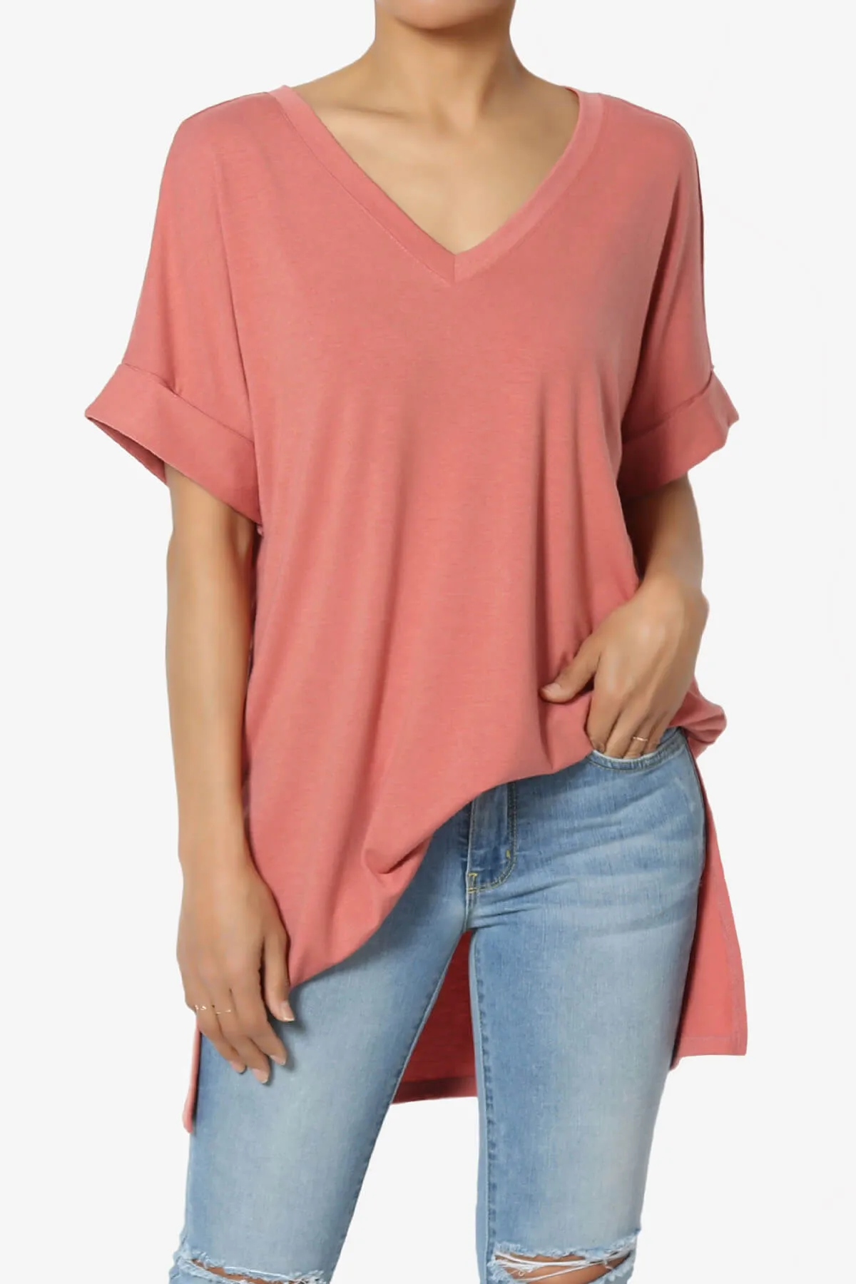 Onella V-Neck Rolled Short Sleeve Top