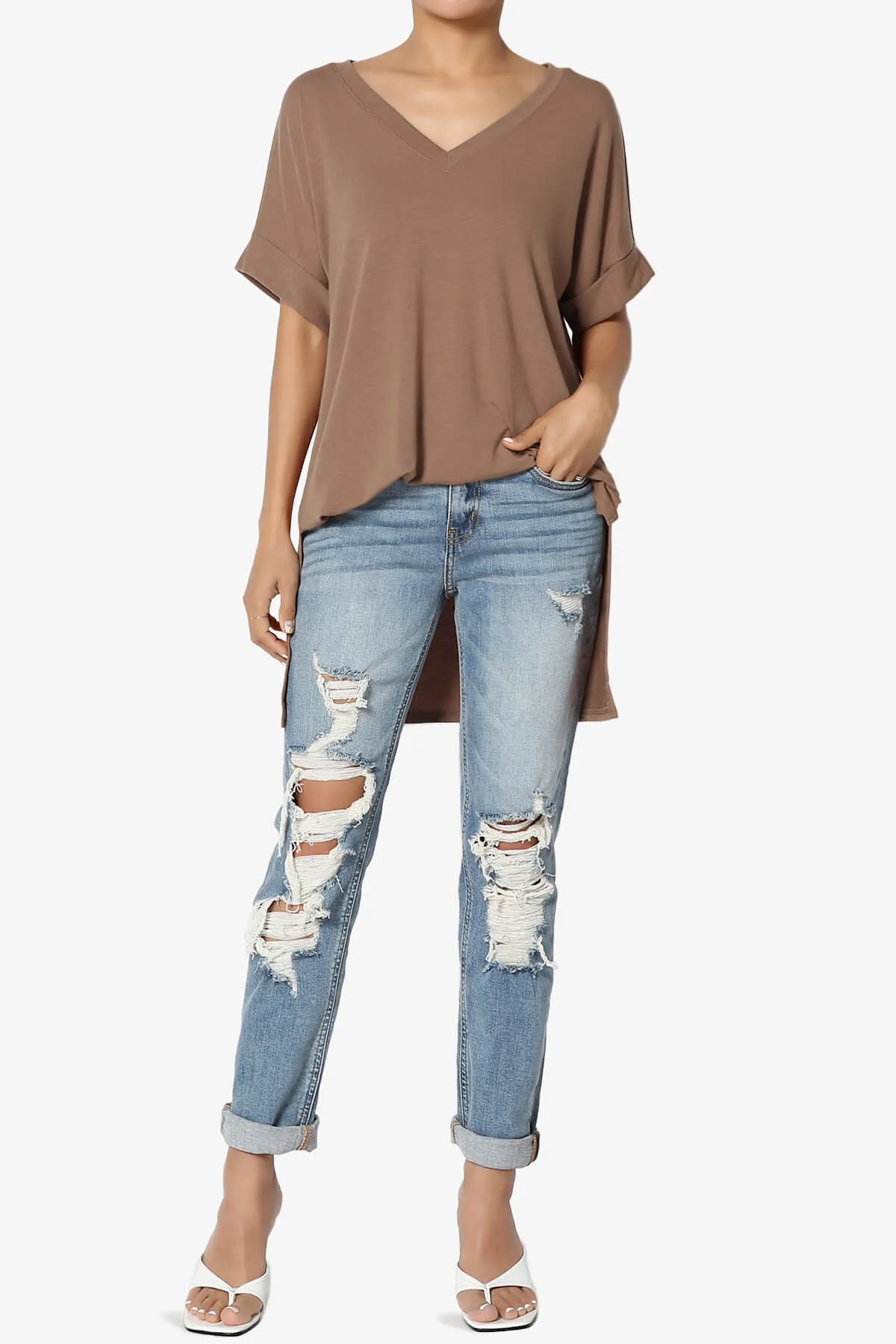 Onella V-Neck Rolled Short Sleeve Top