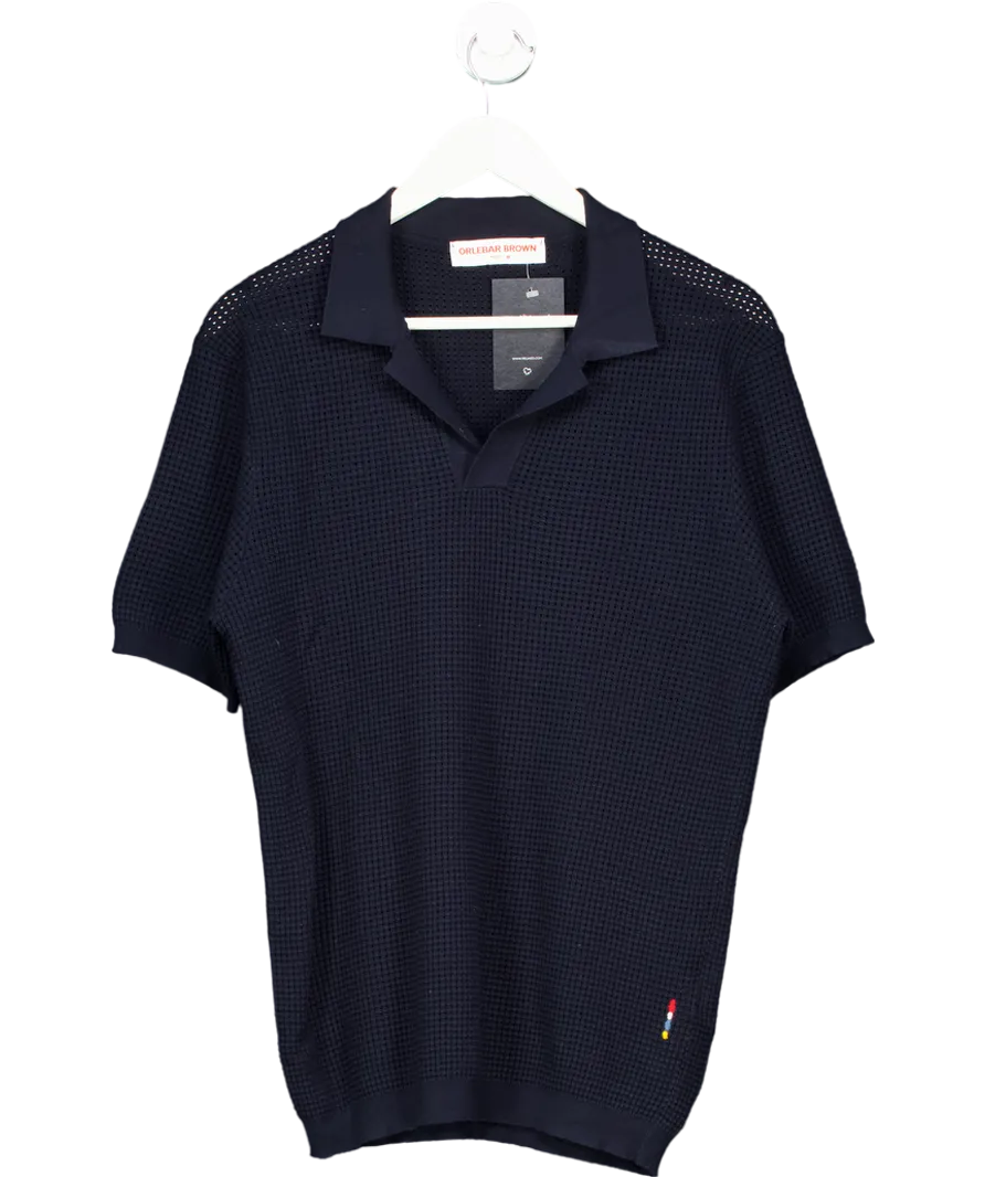 Orlebar Brown Blue Roddy Slim Fit Camp Collar Pointelle Knit Polo Shirt UK M
