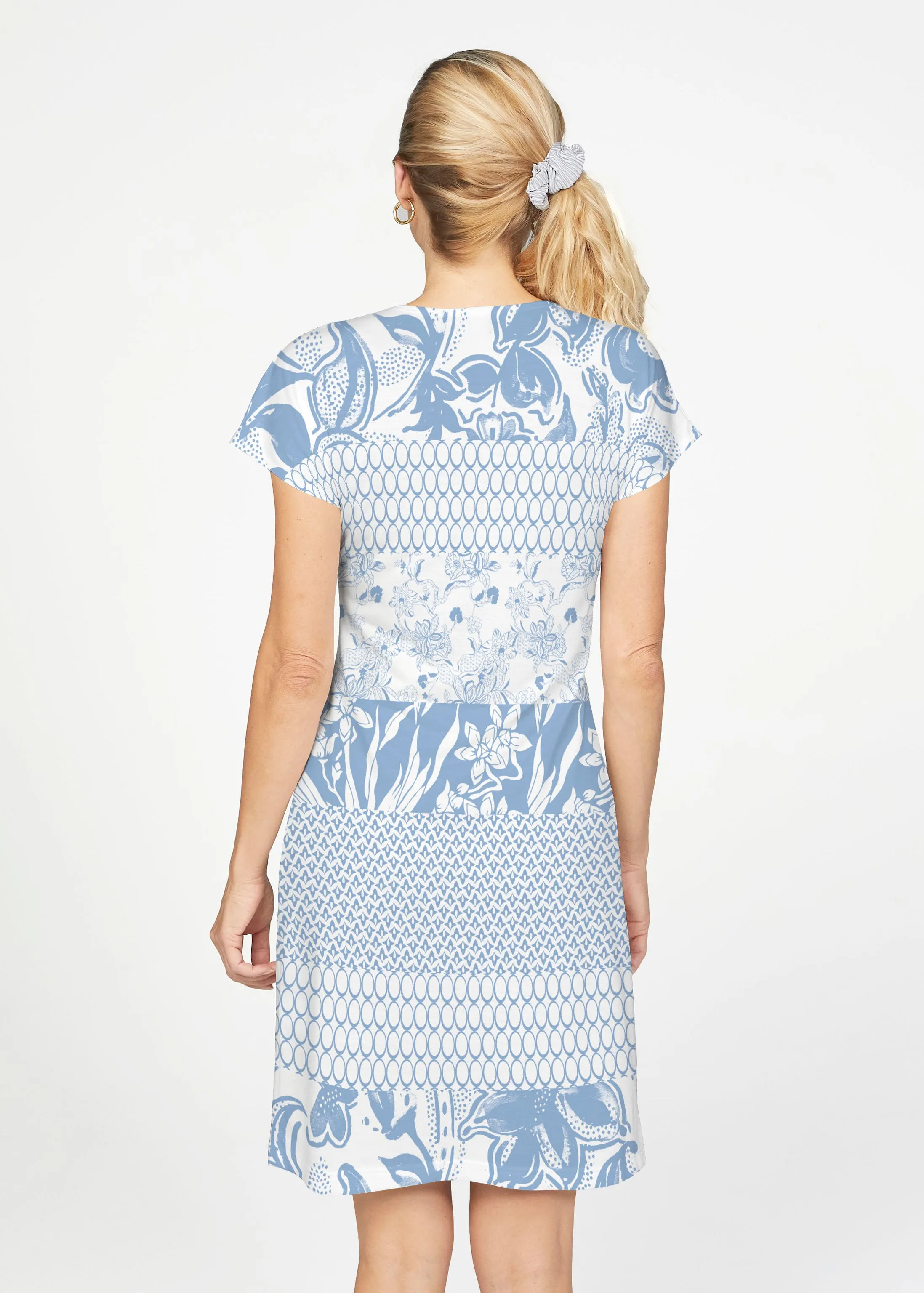 Patchwork Blue (7902) ~ French Terry Short Sleeve Crew Dress