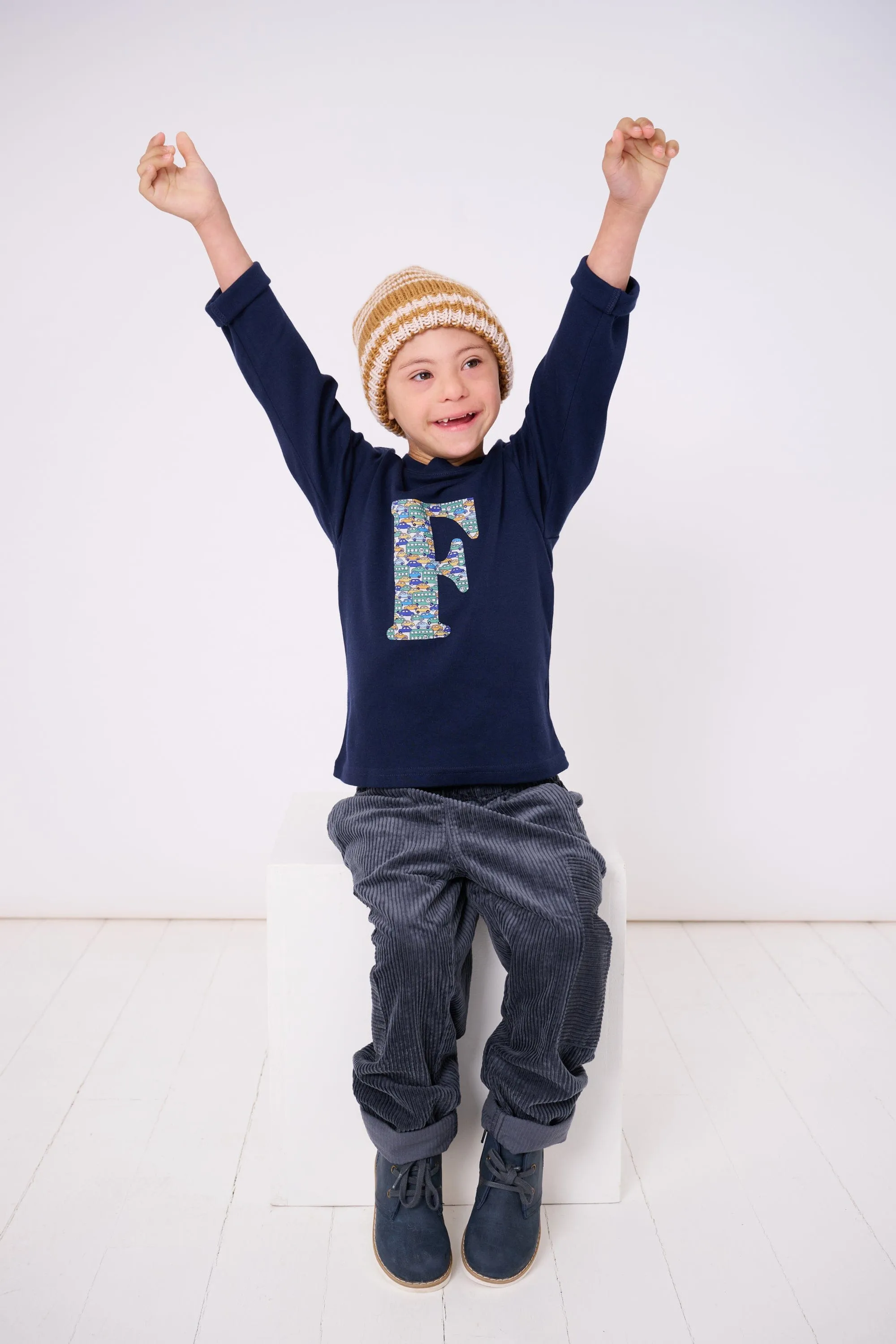 Personalised Navy T-Shirt in Hop On Hop Off Liberty Print