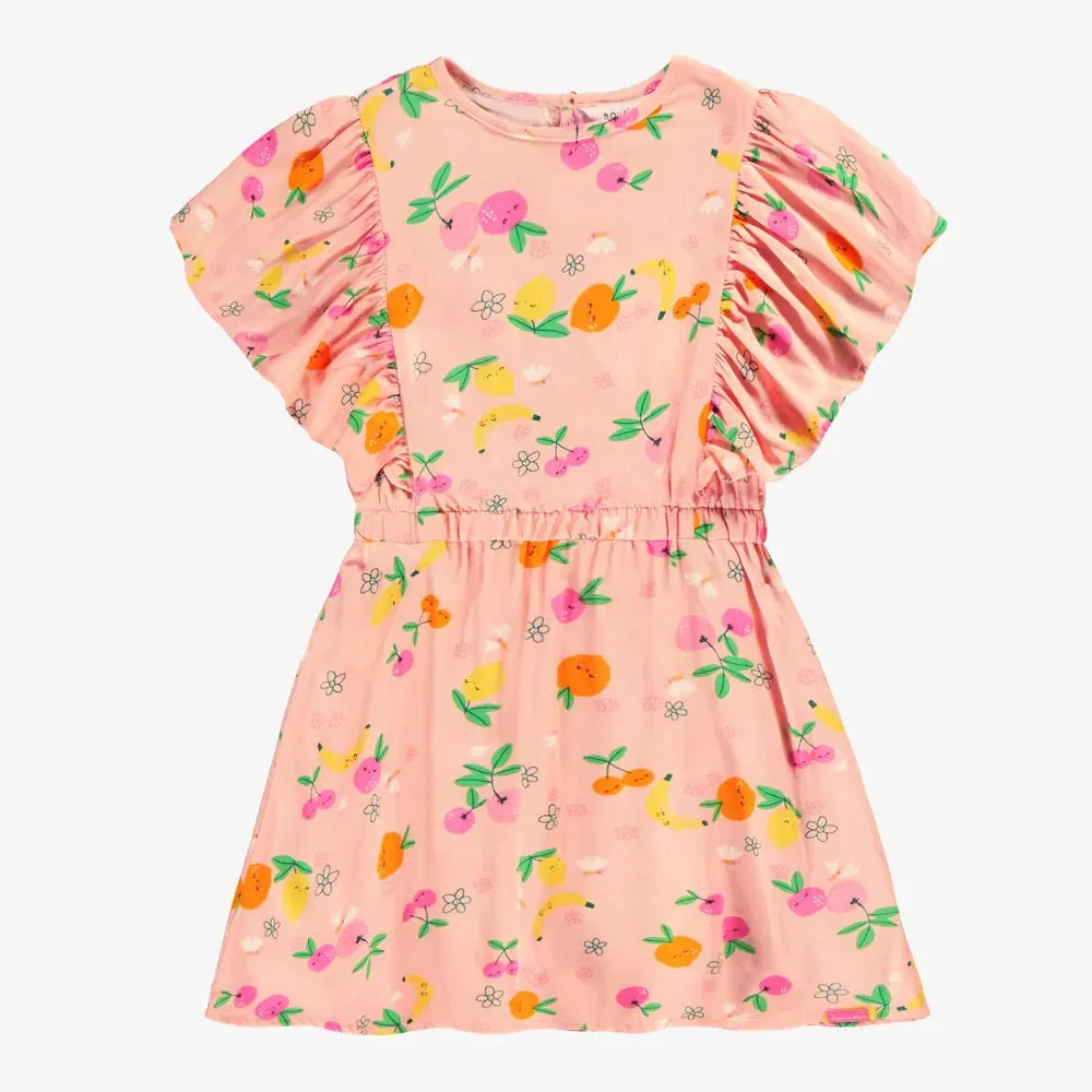 Pink dress in viscose with fruit all over print