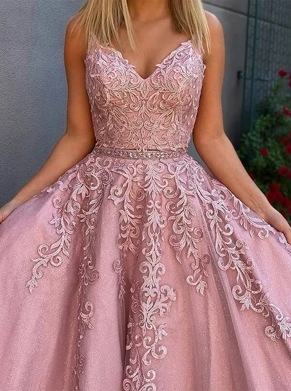 Pink Tulle Lace A-line Two Pieces Prom Dresses, Long Formal Dresses, SP784