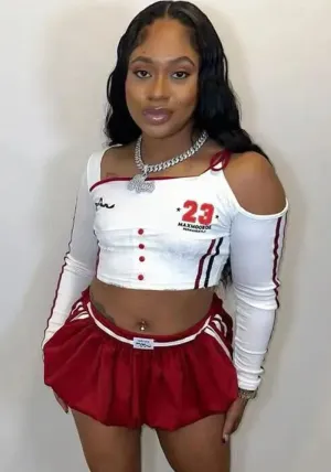Playful Off-Shoulder Cheerleader-Inspired Crop Top with Button Details