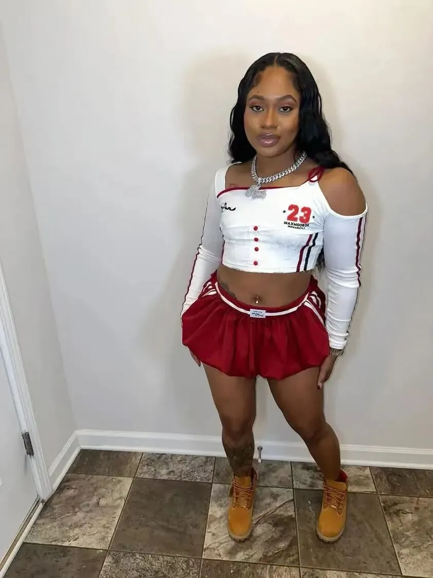 Playful Off-Shoulder Cheerleader-Inspired Crop Top with Button Details