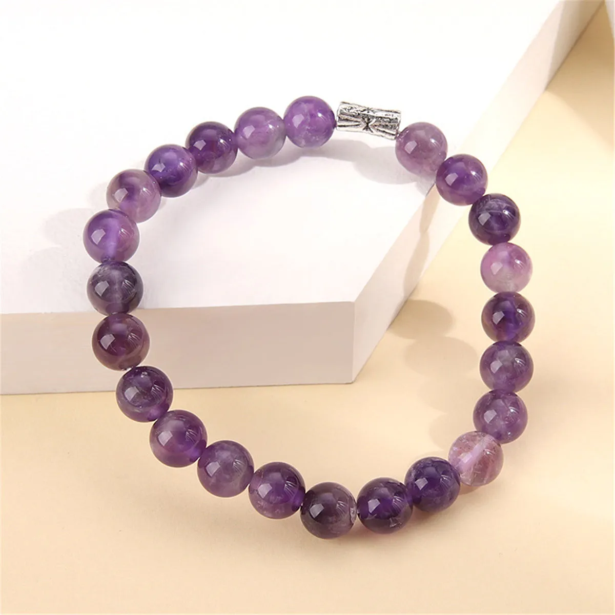Purple Quartz & Silver-Plated Beaded Stretch Bracelet