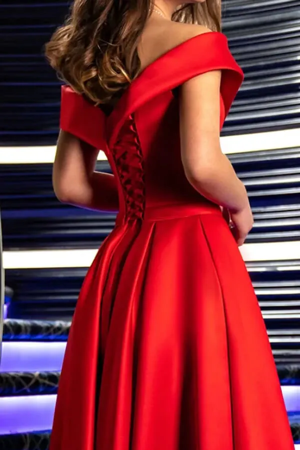 Red Satin A-line Off-the-Shoulder Prom Dresses With Slit, Evening Dress, SP903