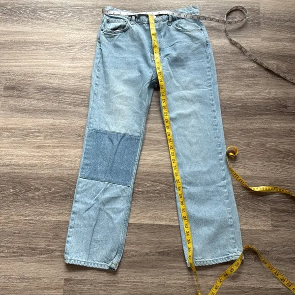 Reformation Jeans Blue Ankle Cropped Jeans 30 with Patchwork Design