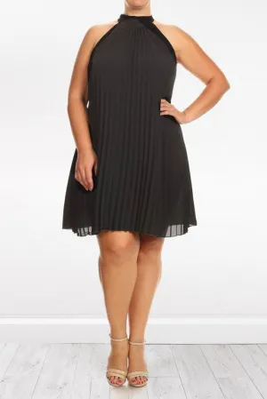 Relaxed Pleated Back Neck Tie Plus Size Dress