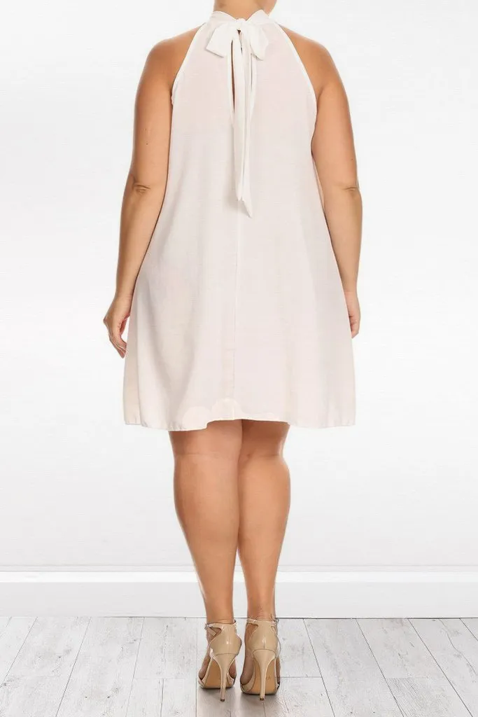 Relaxed Pleated Back Neck Tie Plus Size Dress
